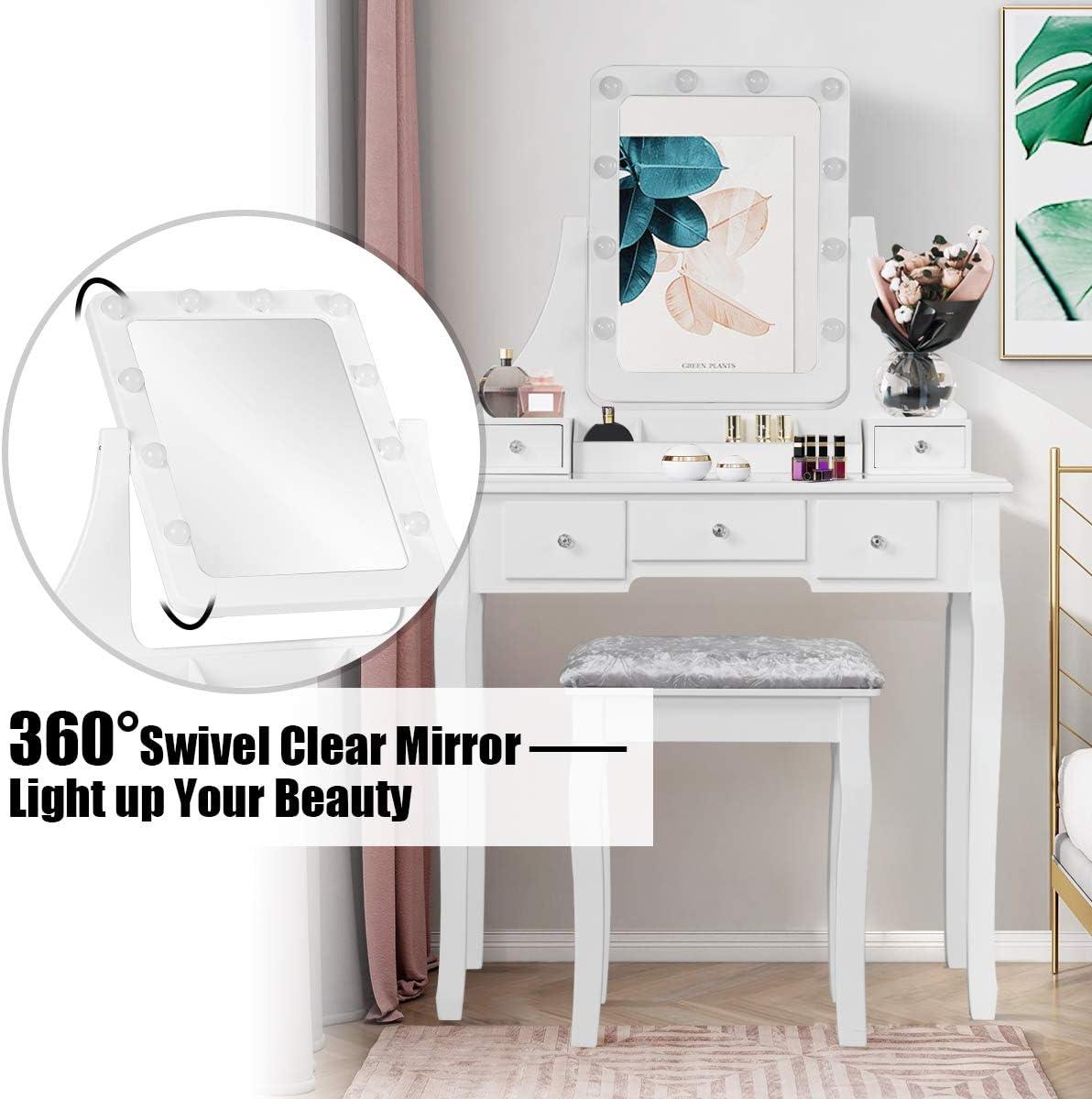 image:imageCHARMAID LED Vanity Desk with Lighted Mirror 10 Dimming Bulbs 5 Drawers 3 Storage Organizers Makeup Vanity Desk with Stool Bedroom Dressing Table Gift for Girls Women WhiteWhite