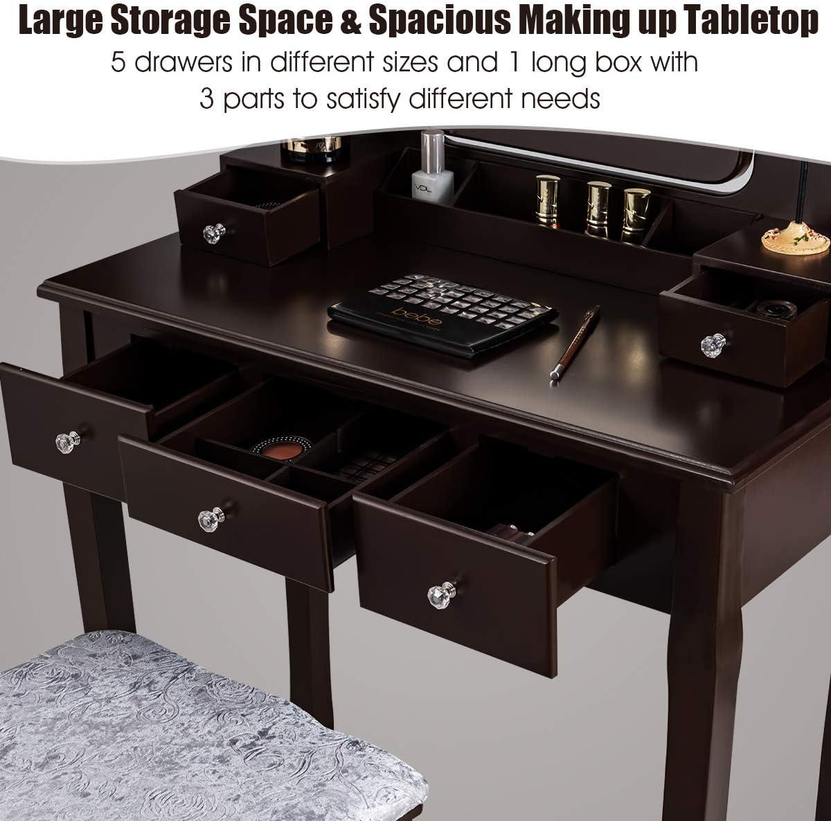 image:imageCHARMAID LED Vanity Desk with Lighted Mirror 10 Dimming Bulbs 5 Drawers 3 Storage Organizers Makeup Vanity Desk with Stool Bedroom Dressing Table Gift for Girls Women WhiteEspresso