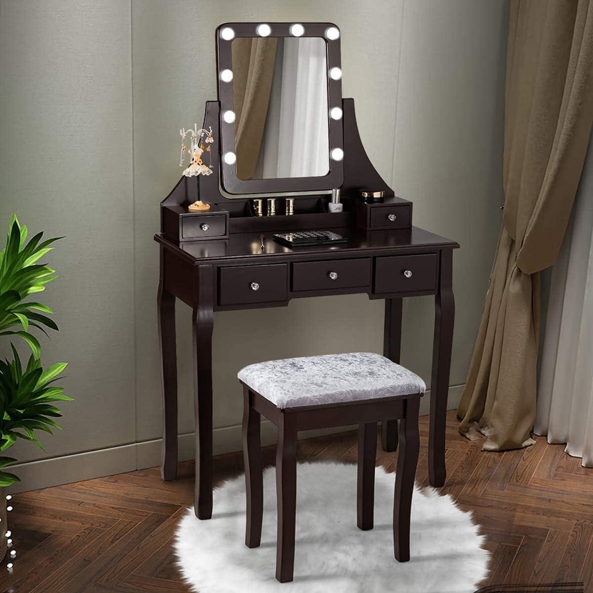 image:imageCHARMAID LED Vanity Desk with Lighted Mirror 10 Dimming Bulbs 5 Drawers 3 Storage Organizers Makeup Vanity Desk with Stool Bedroom Dressing Table Gift for Girls Women WhiteEspresso