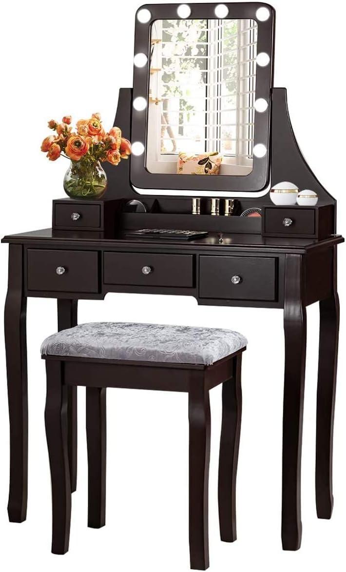 image:imageCHARMAID LED Vanity Desk with Lighted Mirror 10 Dimming Bulbs 5 Drawers 3 Storage Organizers Makeup Vanity Desk with Stool Bedroom Dressing Table Gift for Girls Women WhiteEspresso