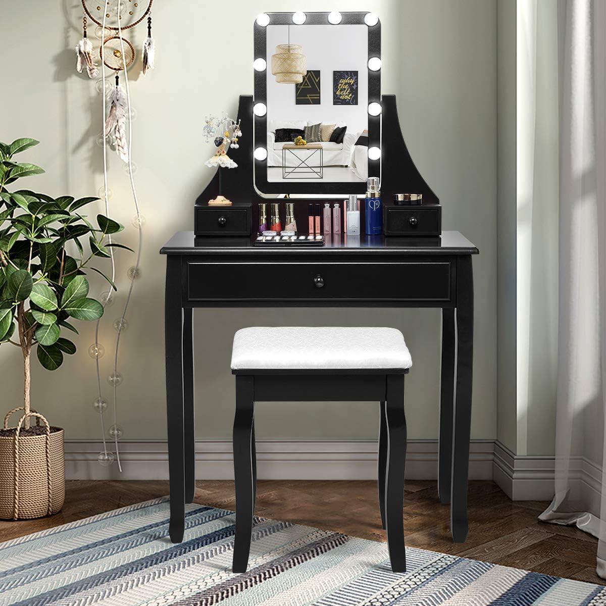 image:imageCHARMAID LED Vanity Desk with Lighted Mirror 10 Dimming Bulbs 5 Drawers 3 Storage Organizers Makeup Vanity Desk with Stool Bedroom Dressing Table Gift for Girls Women WhiteBlack