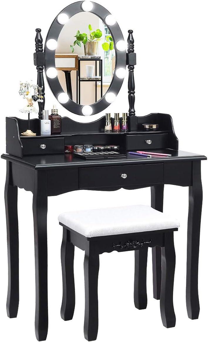 image:imageCHARMAID LED Vanity Desk with Lighted Mirror 10 Dimming Bulbs 5 Drawers 3 Storage Organizers Makeup Vanity Desk with Stool Bedroom Dressing Table Gift for Girls Women WhiteBlack