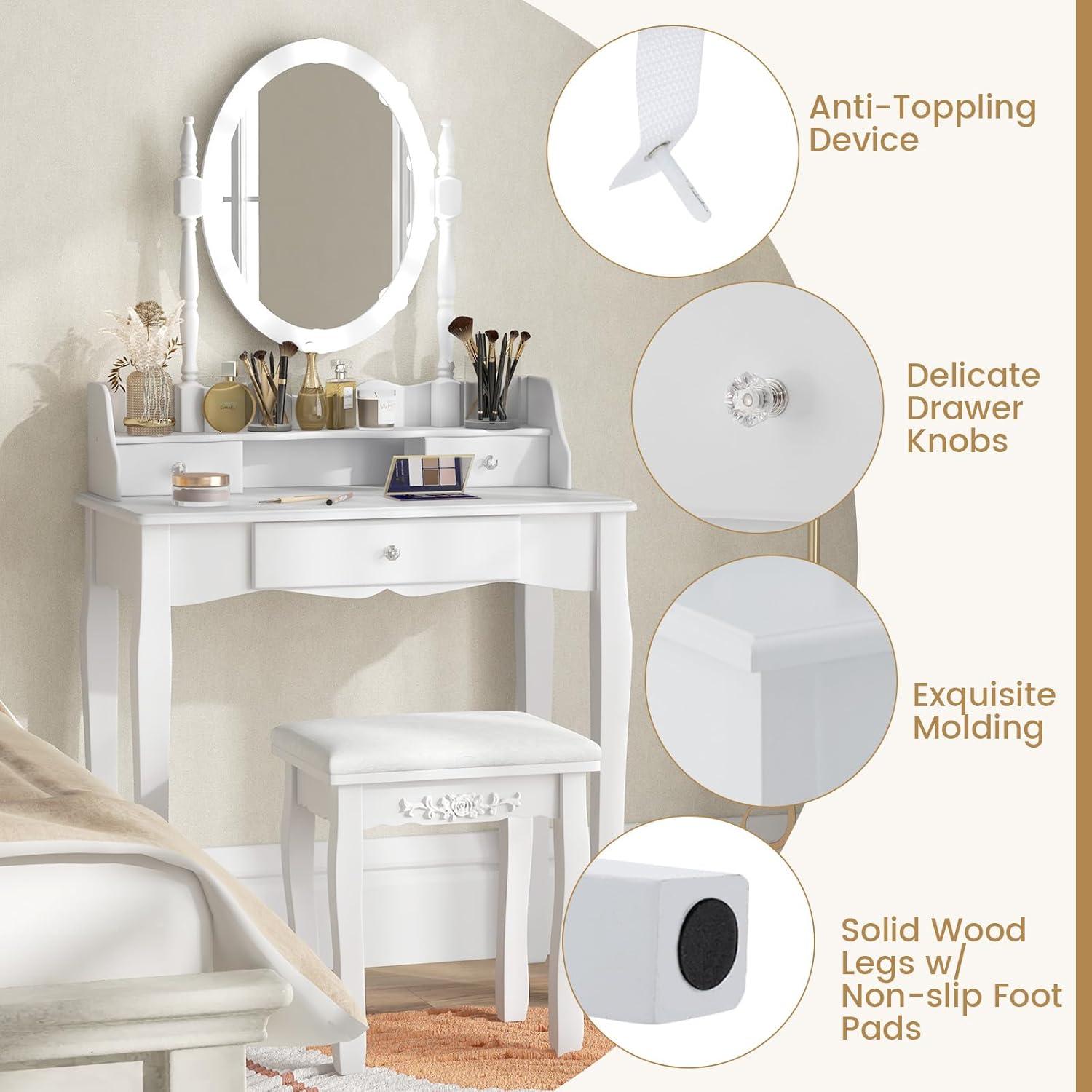 image:imageCHARMAID LED Vanity Desk with Lighted Mirror 10 Dimming Bulbs 5 Drawers 3 Storage Organizers Makeup Vanity Desk with Stool Bedroom Dressing Table Gift for Girls Women WhiteWhite