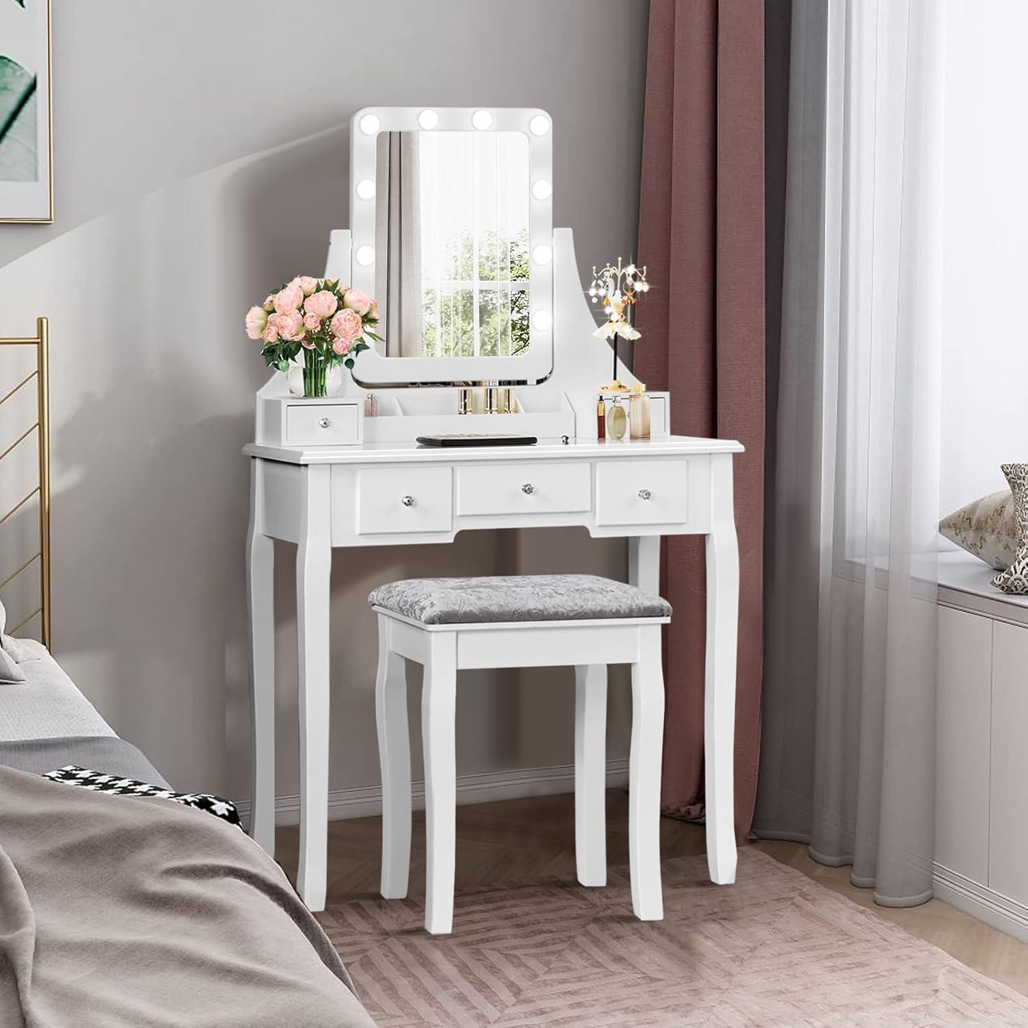 image:imageCHARMAID LED Vanity Desk with Lighted Mirror 10 Dimming Bulbs 5 Drawers 3 Storage Organizers Makeup Vanity Desk with Stool Bedroom Dressing Table Gift for Girls Women WhiteWhite