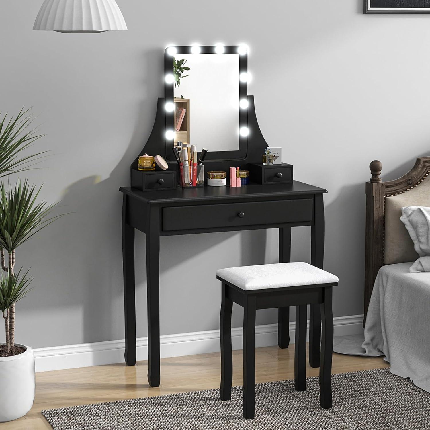 image:imageCHARMAID LED Vanity Desk with Lighted Mirror 10 Dimming Bulbs 5 Drawers 3 Storage Organizers Makeup Vanity Desk with Stool Bedroom Dressing Table Gift for Girls Women WhiteBlack