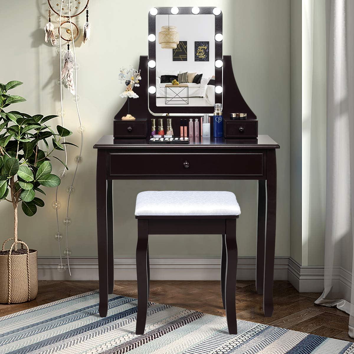 image:imageCHARMAID LED Vanity Desk with Lighted Mirror 10 Dimming Bulbs 5 Drawers 3 Storage Organizers Makeup Vanity Desk with Stool Bedroom Dressing Table Gift for Girls Women WhiteEspresso