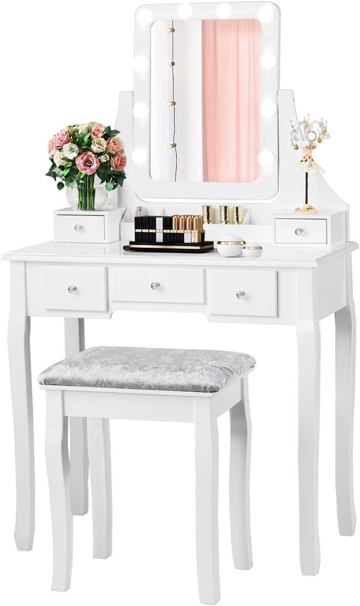 image:imageCHARMAID LED Vanity Desk with Lighted Mirror 10 Dimming Bulbs 5 Drawers 3 Storage Organizers Makeup Vanity Desk with Stool Bedroom Dressing Table Gift for Girls Women WhiteWhite