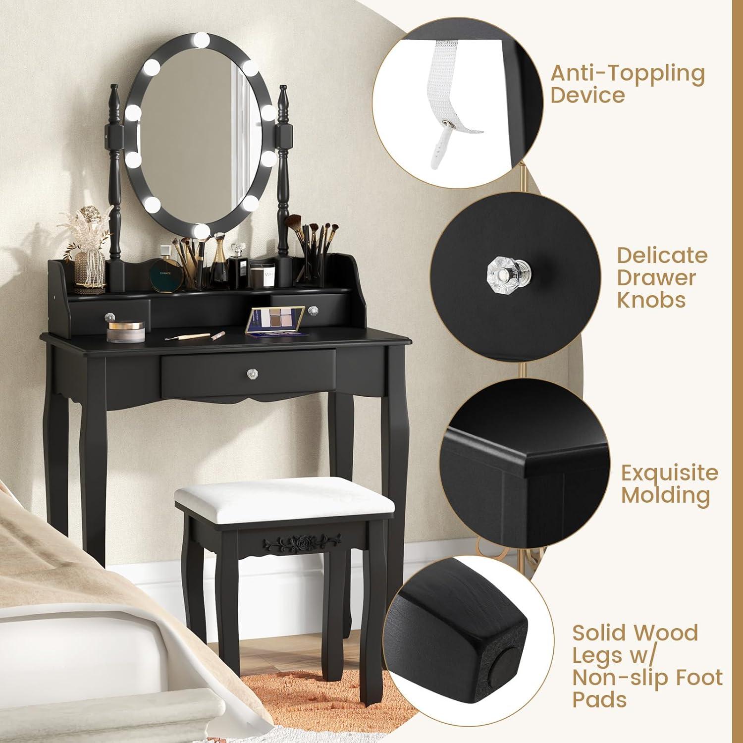 image:imageCHARMAID LED Vanity Desk with Lighted Mirror 10 Dimming Bulbs 5 Drawers 3 Storage Organizers Makeup Vanity Desk with Stool Bedroom Dressing Table Gift for Girls Women WhiteBlack