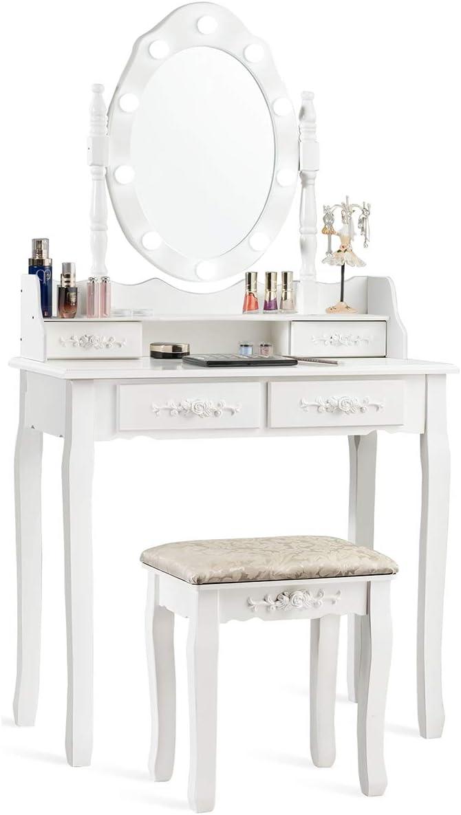 image:imageCHARMAID LED Vanity Desk with Lighted Mirror 10 Dimming Bulbs 5 Drawers 3 Storage Organizers Makeup Vanity Desk with Stool Bedroom Dressing Table Gift for Girls Women WhiteWhite