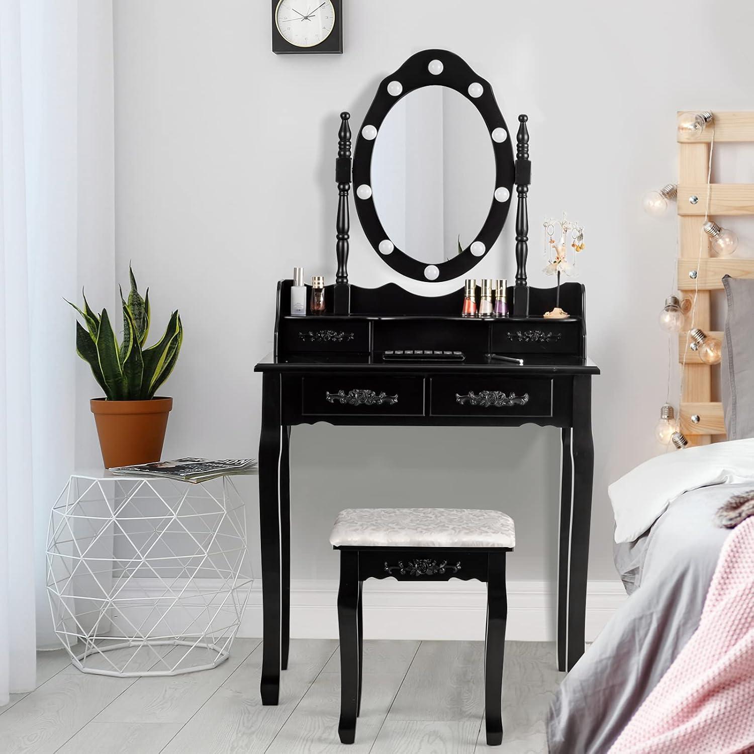 image:imageCHARMAID LED Vanity Desk with Lighted Mirror 10 Dimming Bulbs 5 Drawers 3 Storage Organizers Makeup Vanity Desk with Stool Bedroom Dressing Table Gift for Girls Women WhiteBlack