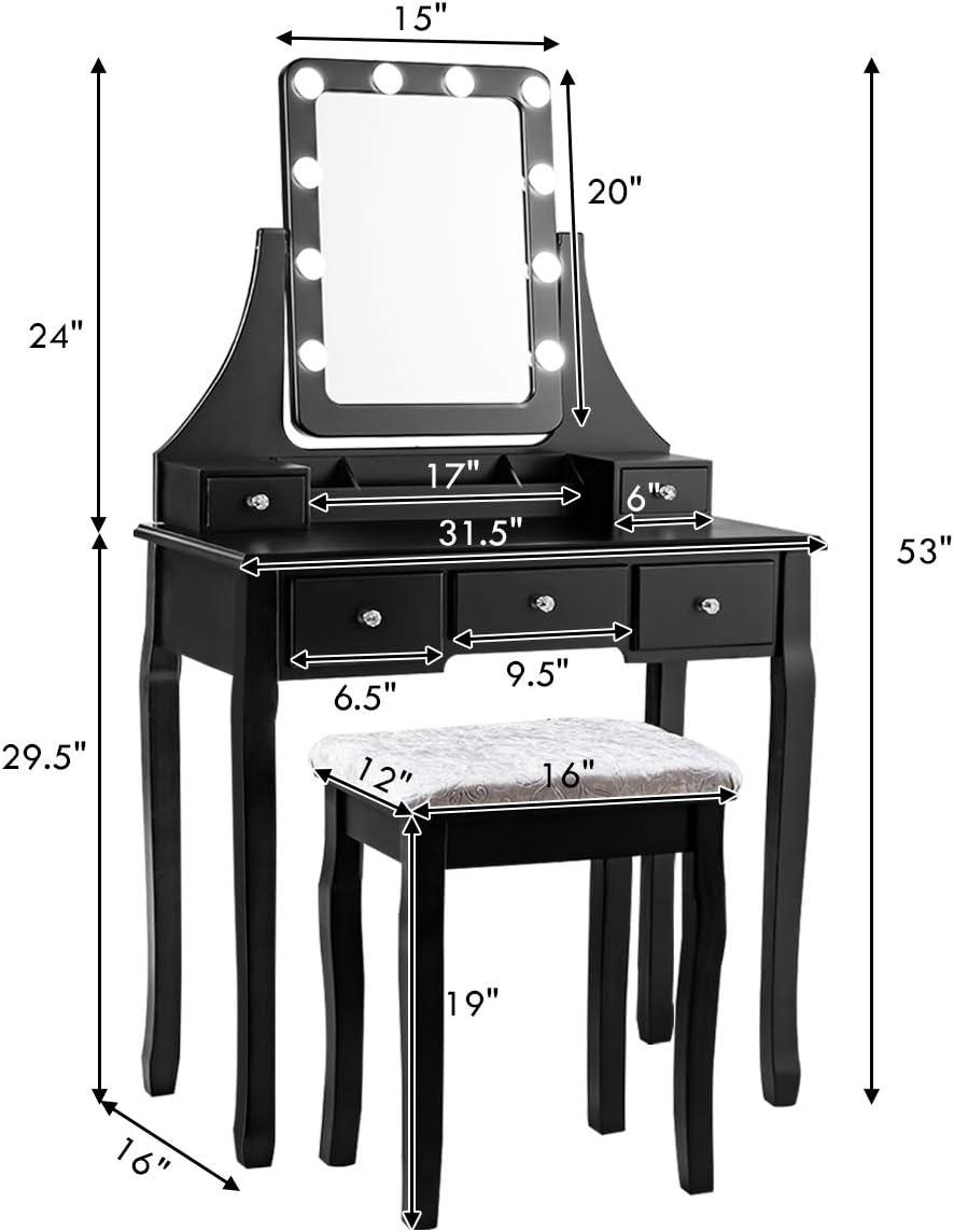 image:imageCHARMAID LED Vanity Desk with Lighted Mirror 10 Dimming Bulbs 5 Drawers 3 Storage Organizers Makeup Vanity Desk with Stool Bedroom Dressing Table Gift for Girls Women WhiteBlack