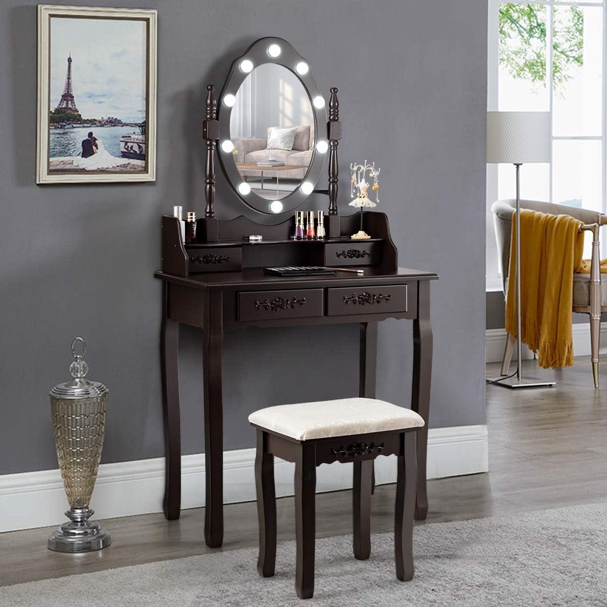 image:imageCHARMAID LED Vanity Desk with Lighted Mirror 10 Dimming Bulbs 5 Drawers 3 Storage Organizers Makeup Vanity Desk with Stool Bedroom Dressing Table Gift for Girls Women WhiteEspresso