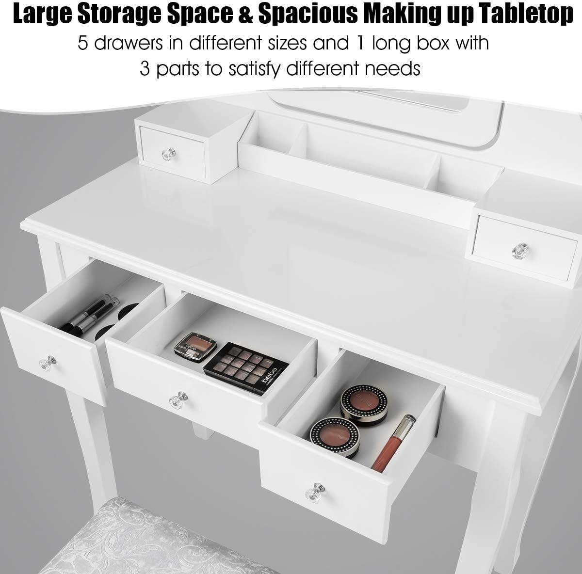 image:imageCHARMAID LED Vanity Desk with Lighted Mirror 10 Dimming Bulbs 5 Drawers 3 Storage Organizers Makeup Vanity Desk with Stool Bedroom Dressing Table Gift for Girls Women WhiteWhite
