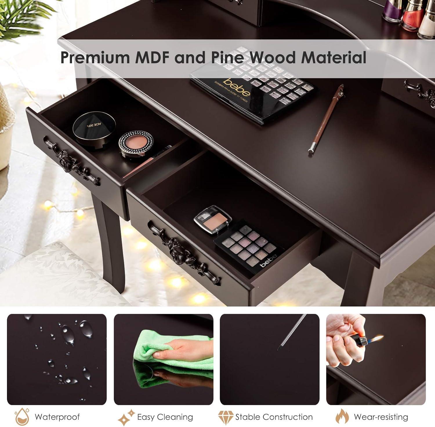 image:imageCHARMAID LED Vanity Desk with Lighted Mirror 10 Dimming Bulbs 5 Drawers 3 Storage Organizers Makeup Vanity Desk with Stool Bedroom Dressing Table Gift for Girls Women WhiteEspresso