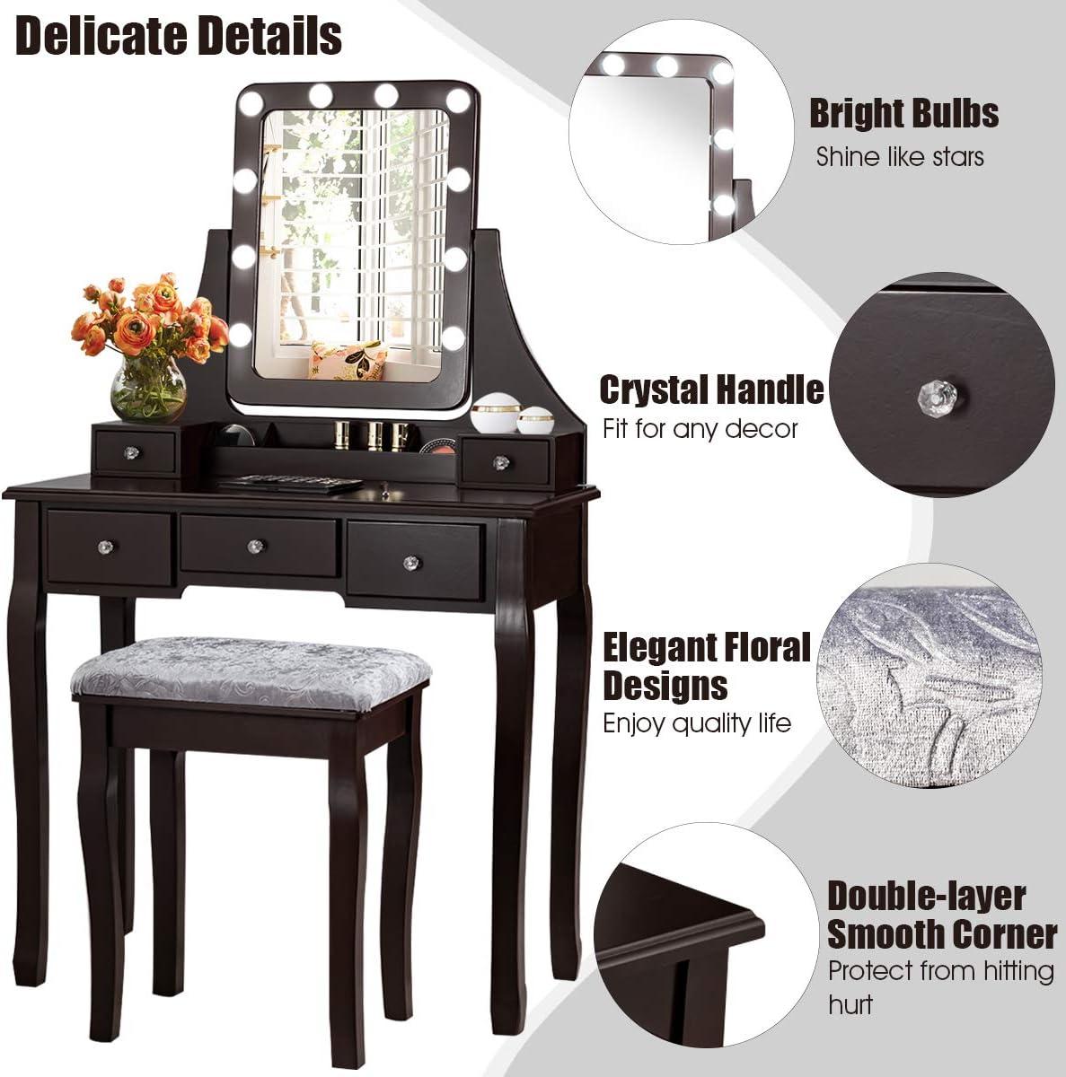 image:imageCHARMAID LED Vanity Desk with Lighted Mirror 10 Dimming Bulbs 5 Drawers 3 Storage Organizers Makeup Vanity Desk with Stool Bedroom Dressing Table Gift for Girls Women WhiteEspresso