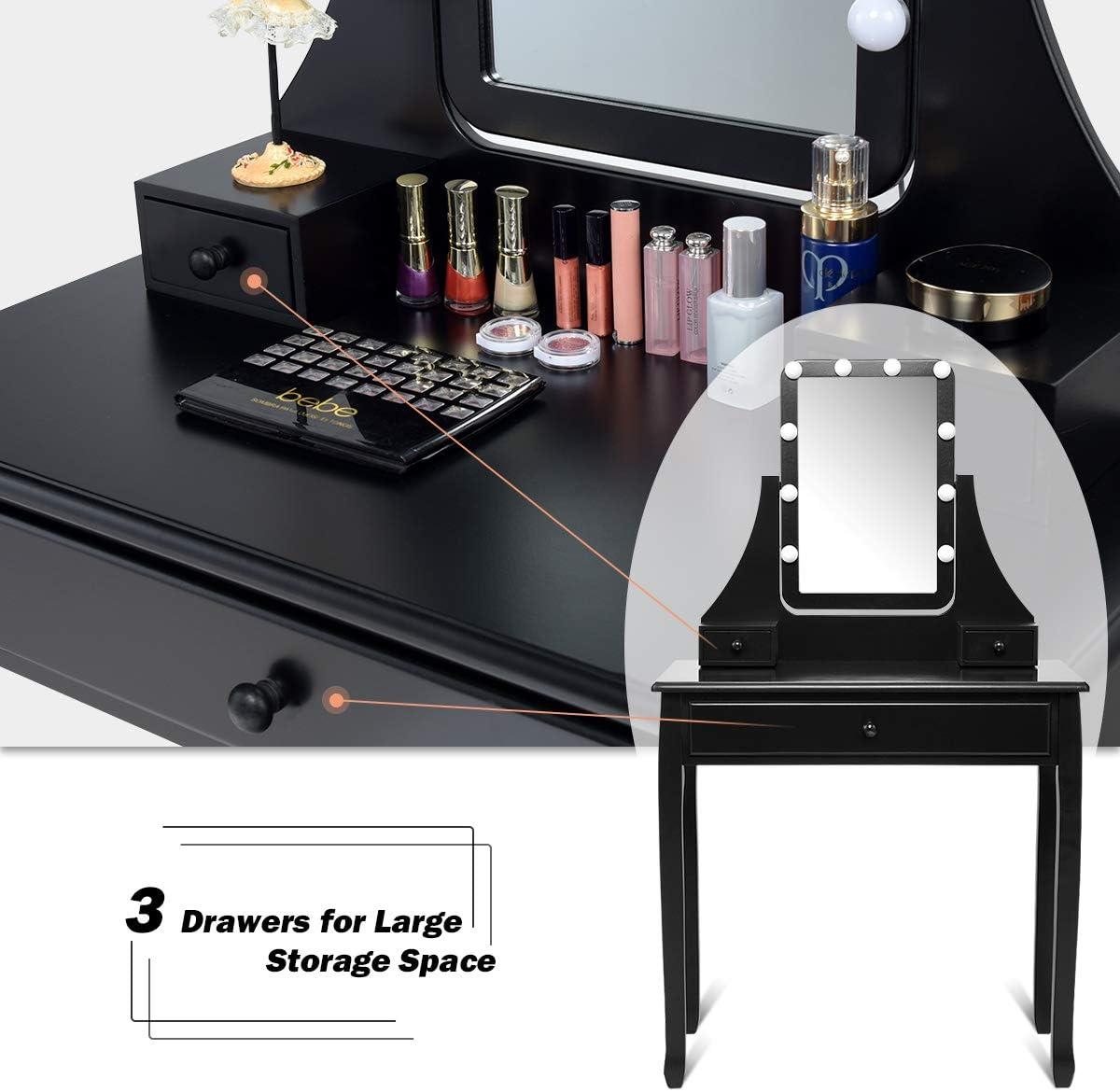 image:imageCHARMAID LED Vanity Desk with Lighted Mirror 10 Dimming Bulbs 5 Drawers 3 Storage Organizers Makeup Vanity Desk with Stool Bedroom Dressing Table Gift for Girls Women WhiteBlack