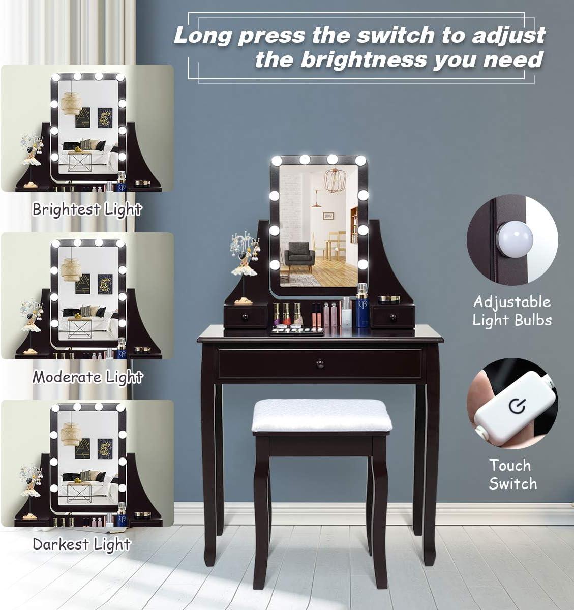 image:imageCHARMAID LED Vanity Desk with Lighted Mirror 10 Dimming Bulbs 5 Drawers 3 Storage Organizers Makeup Vanity Desk with Stool Bedroom Dressing Table Gift for Girls Women WhiteEspresso