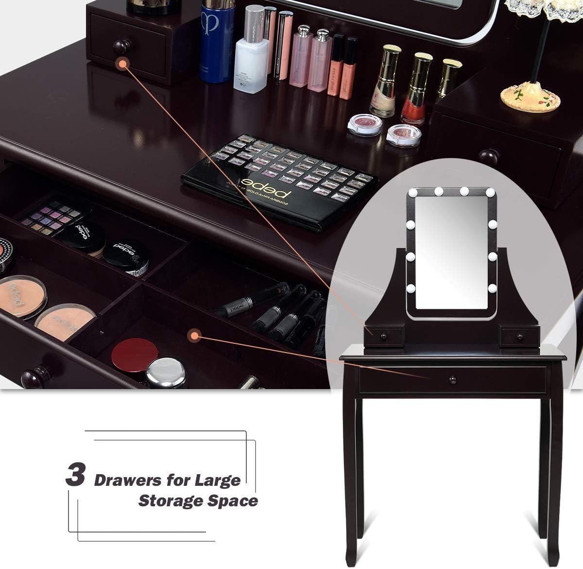 image:imageCHARMAID LED Vanity Desk with Lighted Mirror 10 Dimming Bulbs 5 Drawers 3 Storage Organizers Makeup Vanity Desk with Stool Bedroom Dressing Table Gift for Girls Women WhiteEspresso