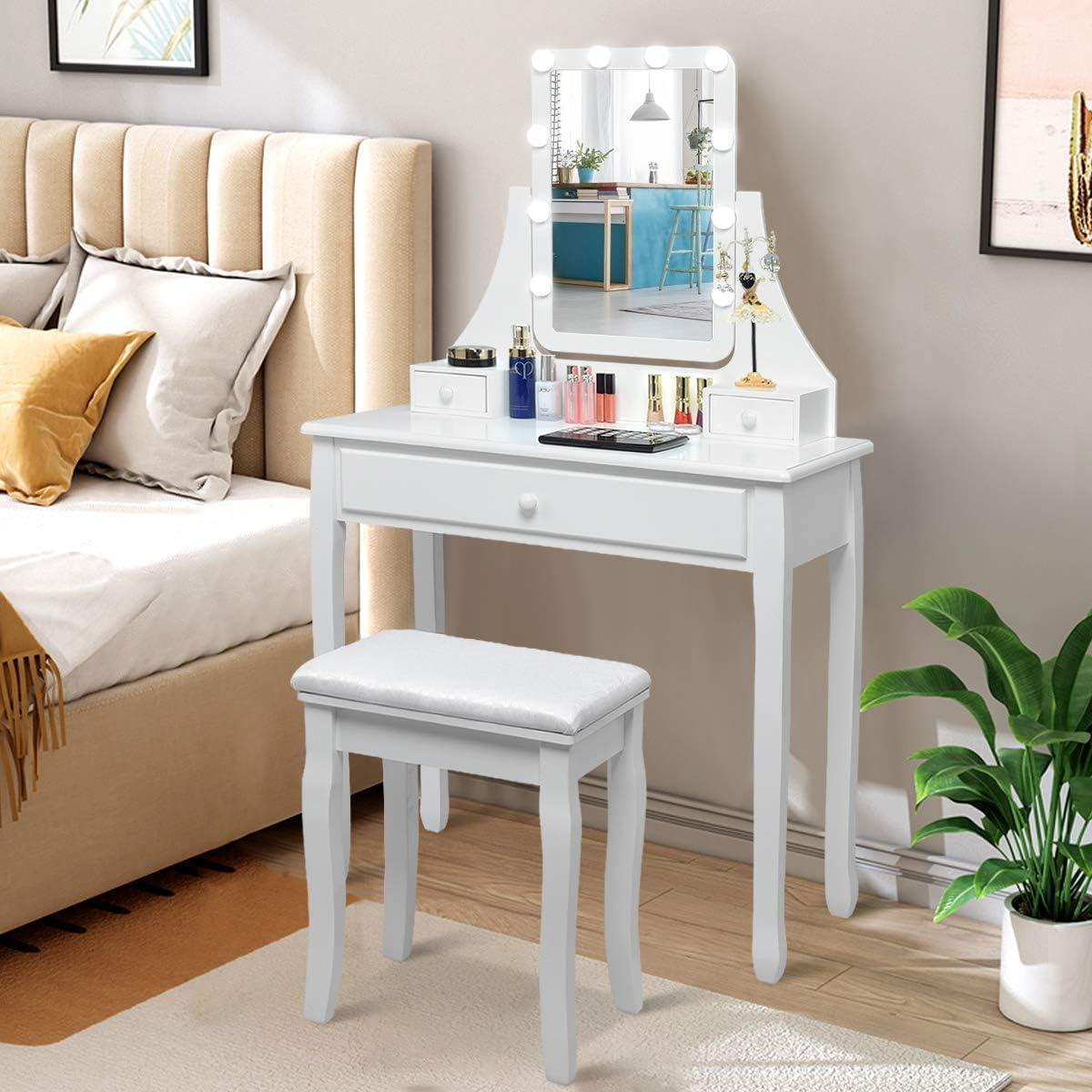 image:imageCHARMAID LED Vanity Desk with Lighted Mirror 10 Dimming Bulbs 5 Drawers 3 Storage Organizers Makeup Vanity Desk with Stool Bedroom Dressing Table Gift for Girls Women WhiteWhite