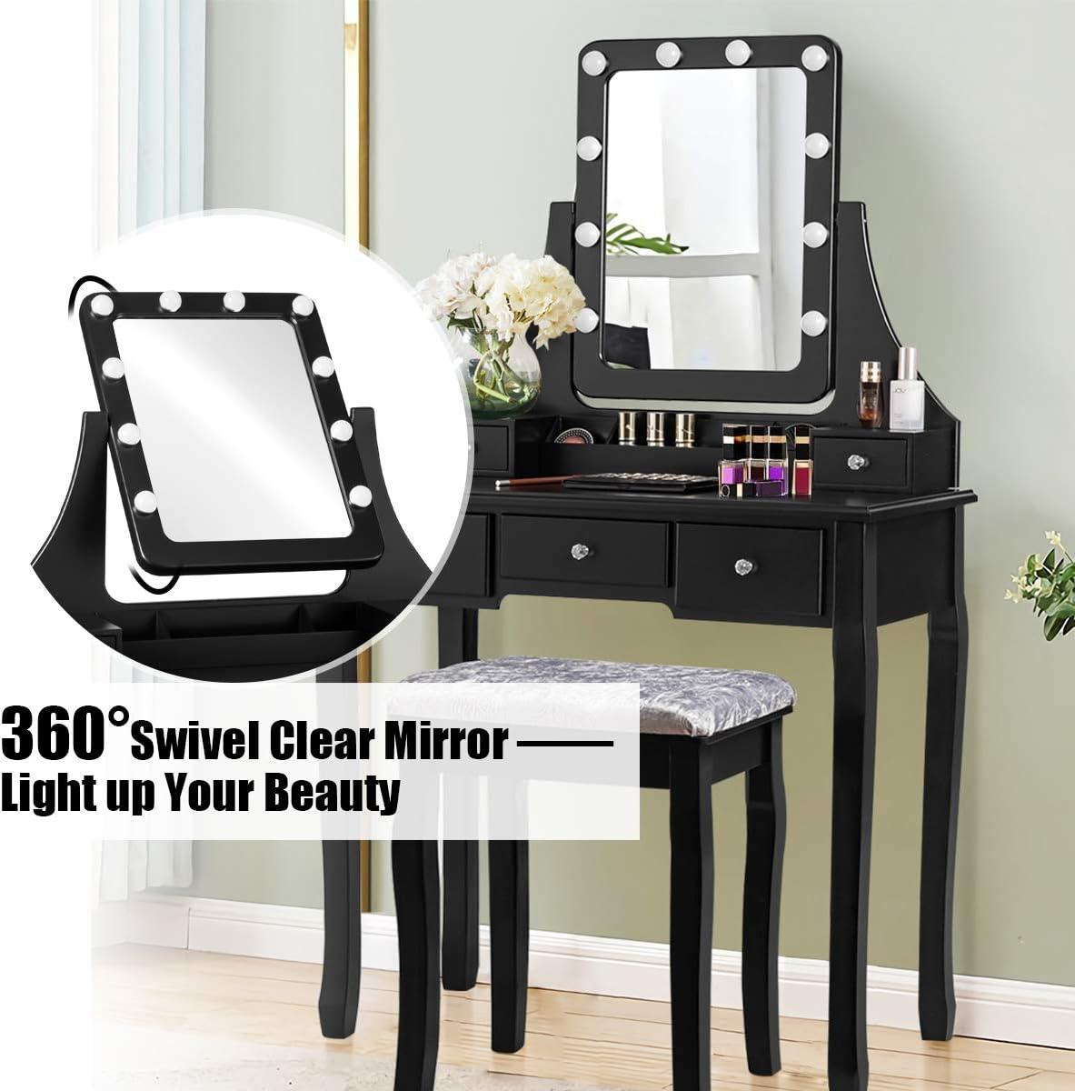 image:imageCHARMAID LED Vanity Desk with Lighted Mirror 10 Dimming Bulbs 5 Drawers 3 Storage Organizers Makeup Vanity Desk with Stool Bedroom Dressing Table Gift for Girls Women WhiteBlack