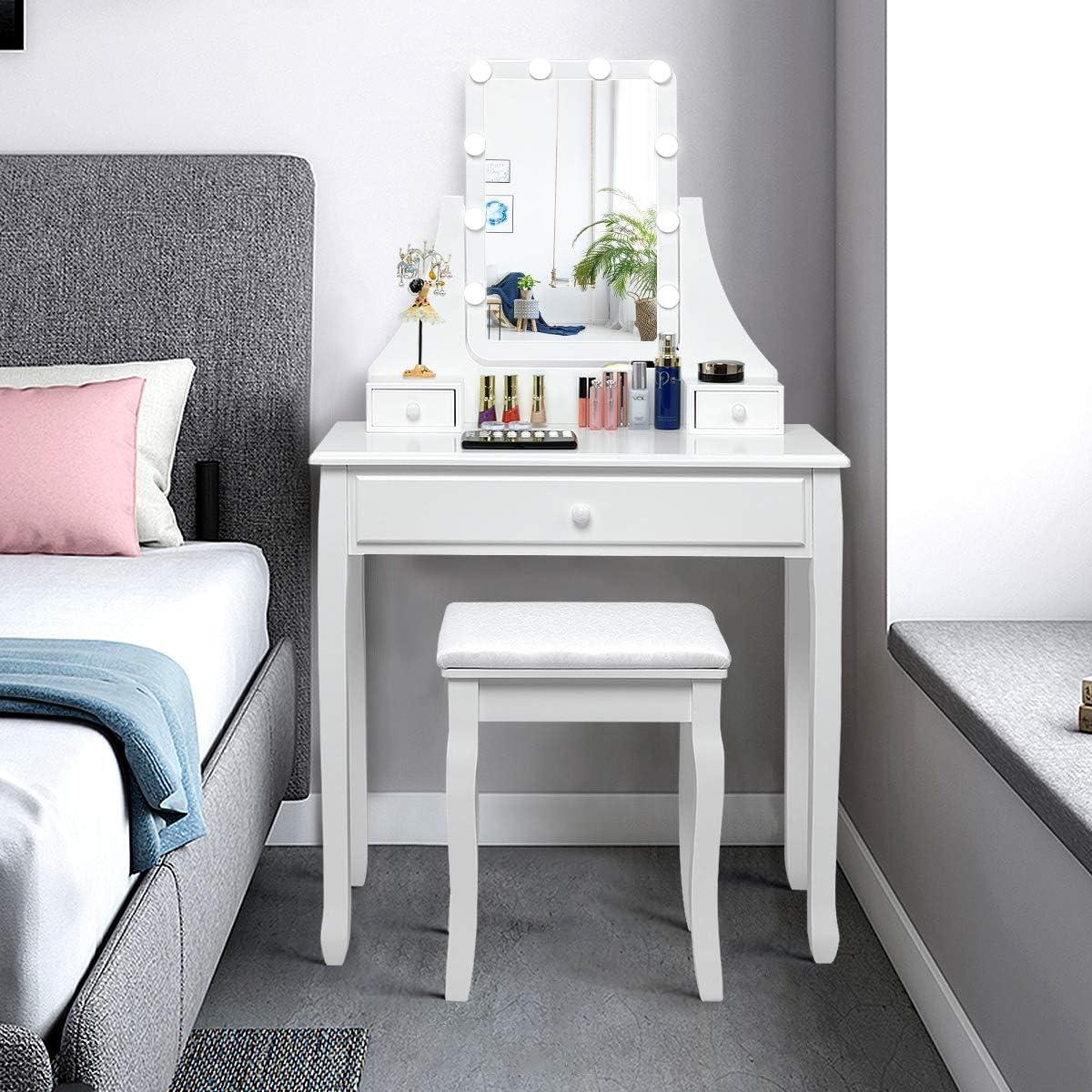 image:imageCHARMAID LED Vanity Desk with Lighted Mirror 10 Dimming Bulbs 5 Drawers 3 Storage Organizers Makeup Vanity Desk with Stool Bedroom Dressing Table Gift for Girls Women WhiteWhite