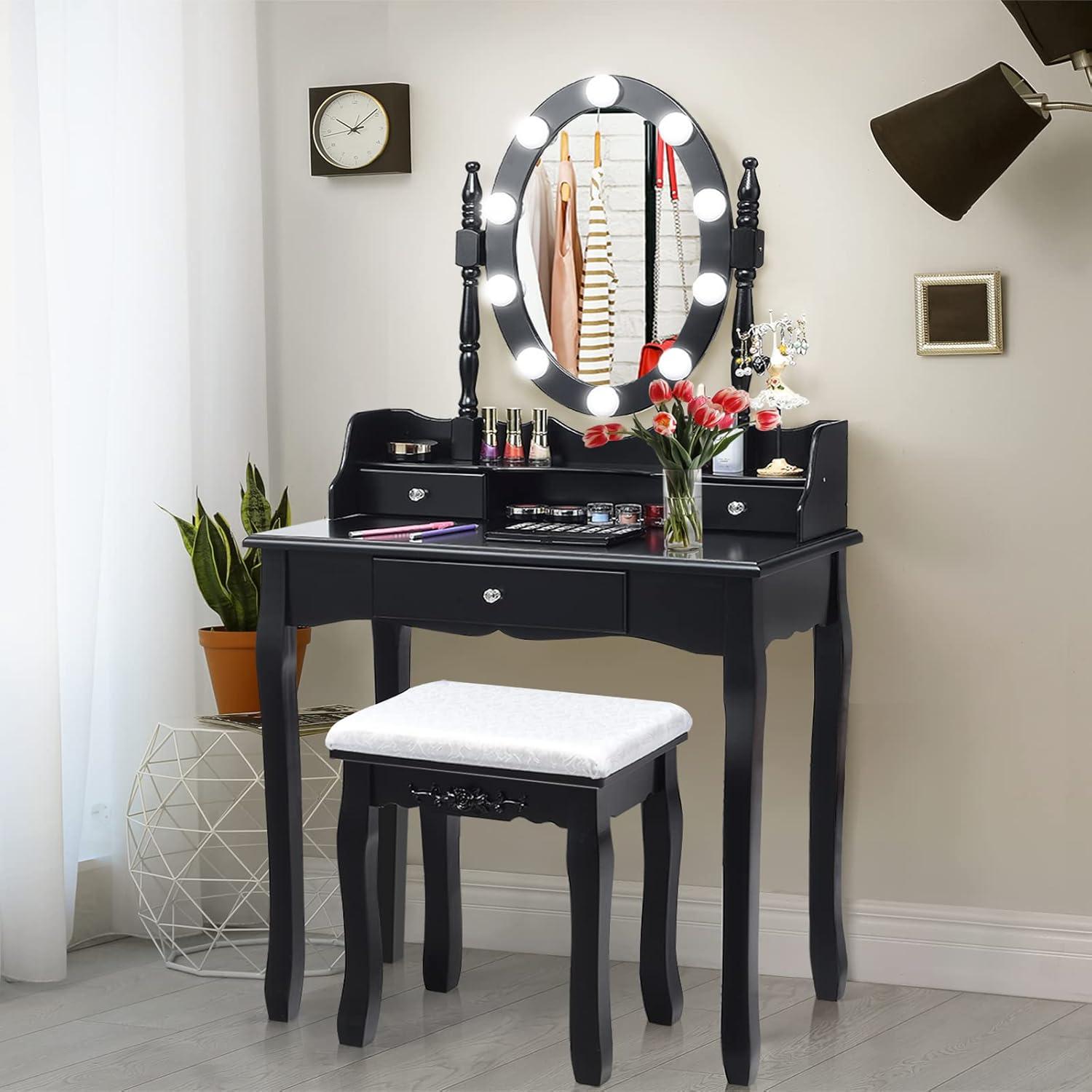 image:imageCHARMAID LED Vanity Desk with Lighted Mirror 10 Dimming Bulbs 5 Drawers 3 Storage Organizers Makeup Vanity Desk with Stool Bedroom Dressing Table Gift for Girls Women WhiteBlack