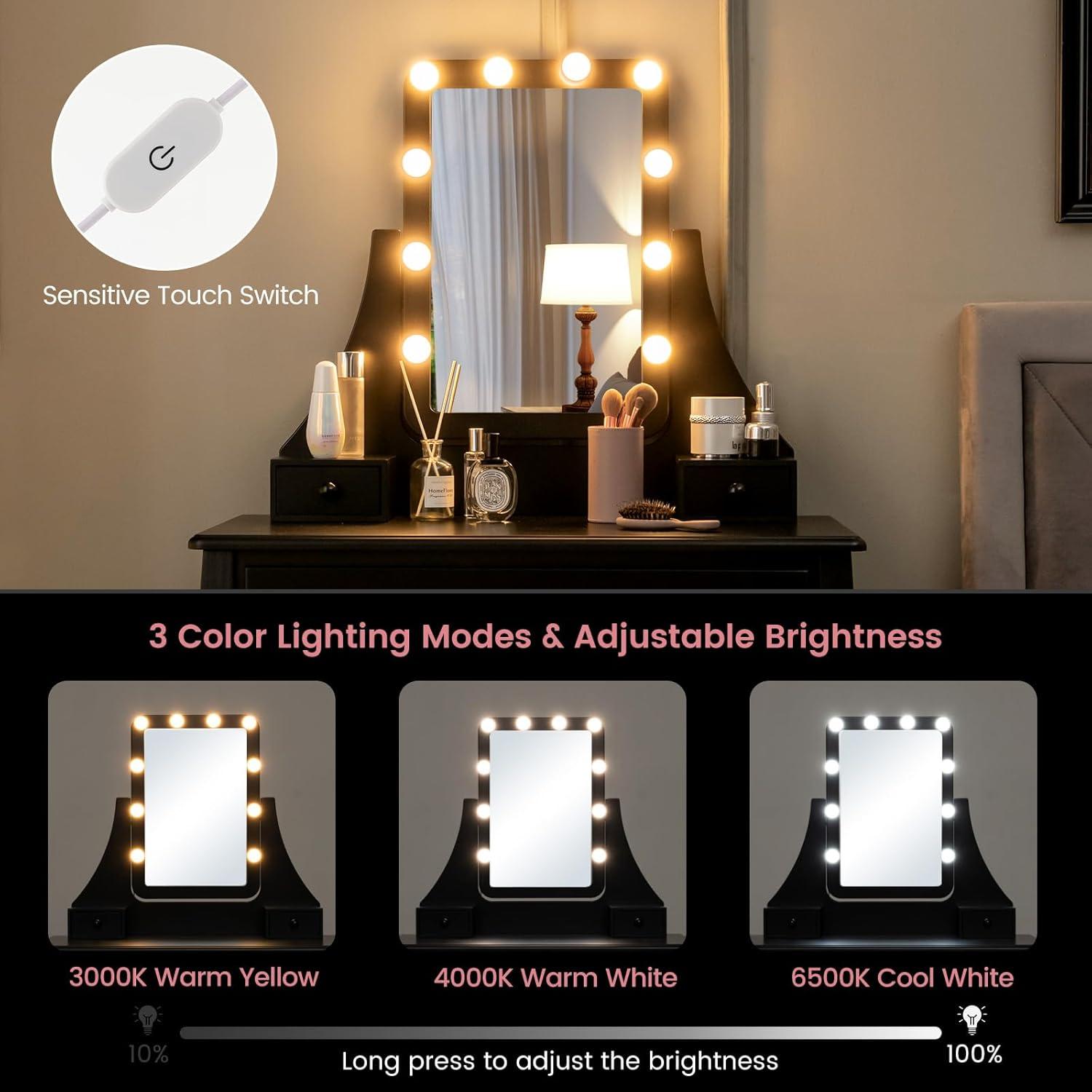 image:imageCHARMAID LED Vanity Desk with Lighted Mirror 10 Dimming Bulbs 5 Drawers 3 Storage Organizers Makeup Vanity Desk with Stool Bedroom Dressing Table Gift for Girls Women WhiteBlack