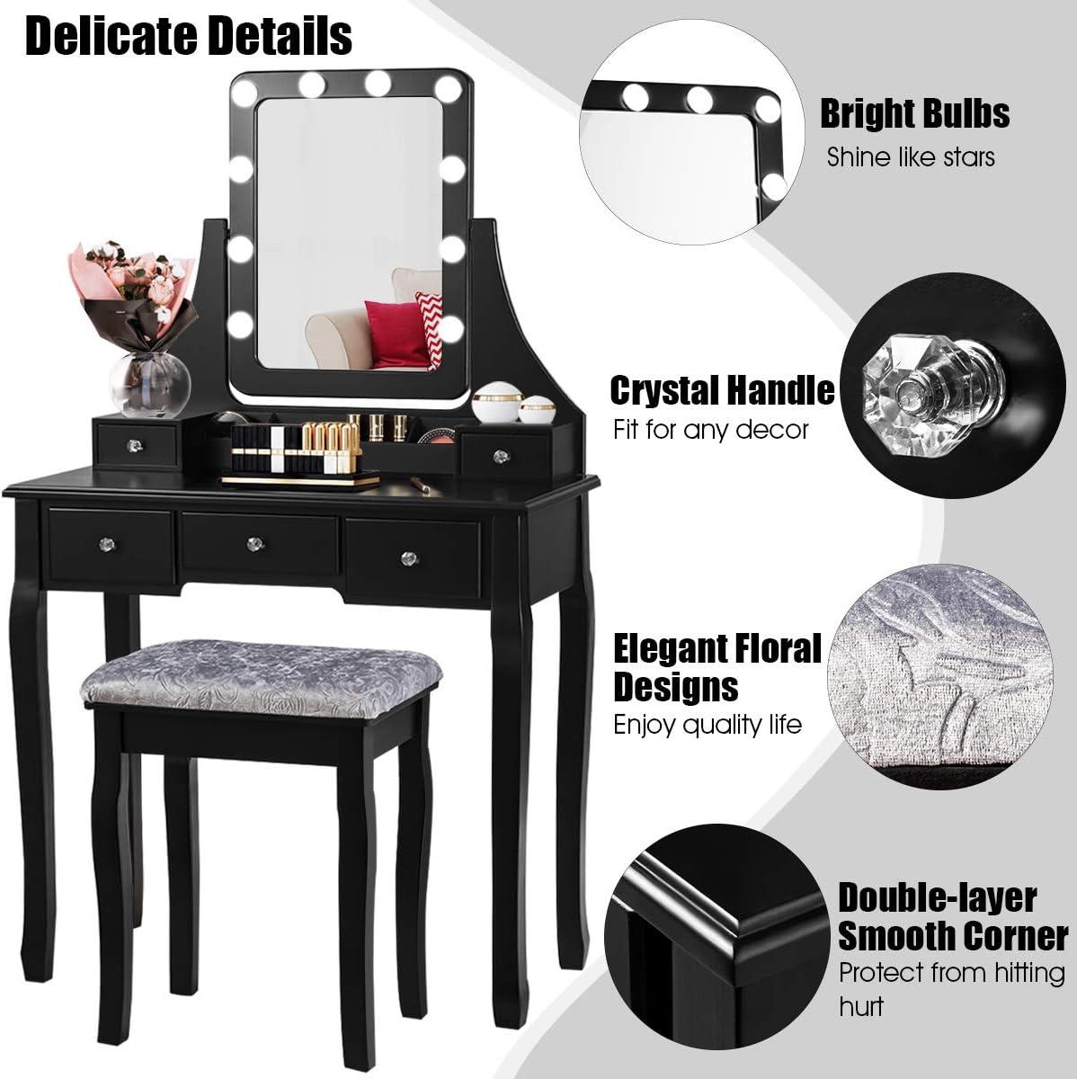 image:imageCHARMAID LED Vanity Desk with Lighted Mirror 10 Dimming Bulbs 5 Drawers 3 Storage Organizers Makeup Vanity Desk with Stool Bedroom Dressing Table Gift for Girls Women WhiteBlack