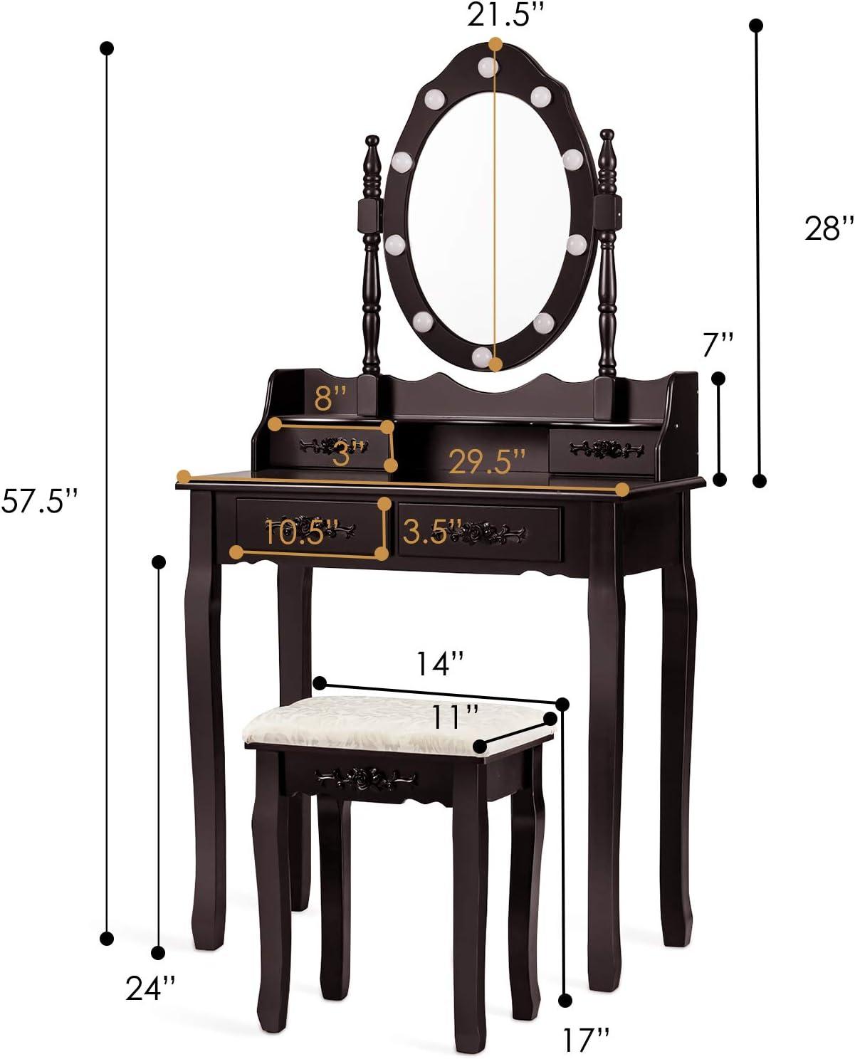 image:imageCHARMAID LED Vanity Desk with Lighted Mirror 10 Dimming Bulbs 5 Drawers 3 Storage Organizers Makeup Vanity Desk with Stool Bedroom Dressing Table Gift for Girls Women WhiteEspresso