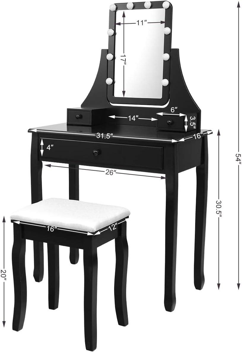 image:imageCHARMAID LED Vanity Desk with Lighted Mirror 10 Dimming Bulbs 5 Drawers 3 Storage Organizers Makeup Vanity Desk with Stool Bedroom Dressing Table Gift for Girls Women WhiteBlack
