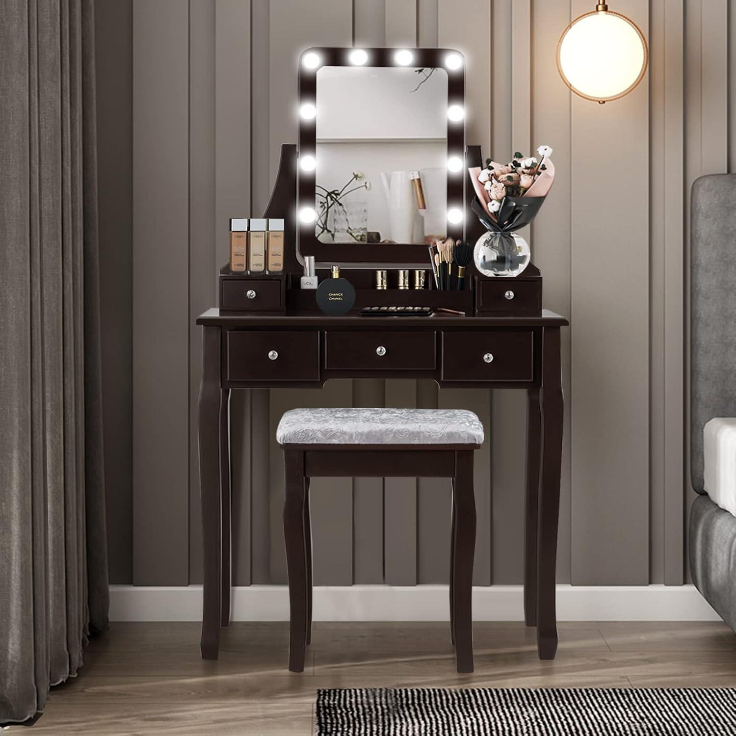 image:imageCHARMAID LED Vanity Desk with Lighted Mirror 10 Dimming Bulbs 5 Drawers 3 Storage Organizers Makeup Vanity Desk with Stool Bedroom Dressing Table Gift for Girls Women WhiteEspresso