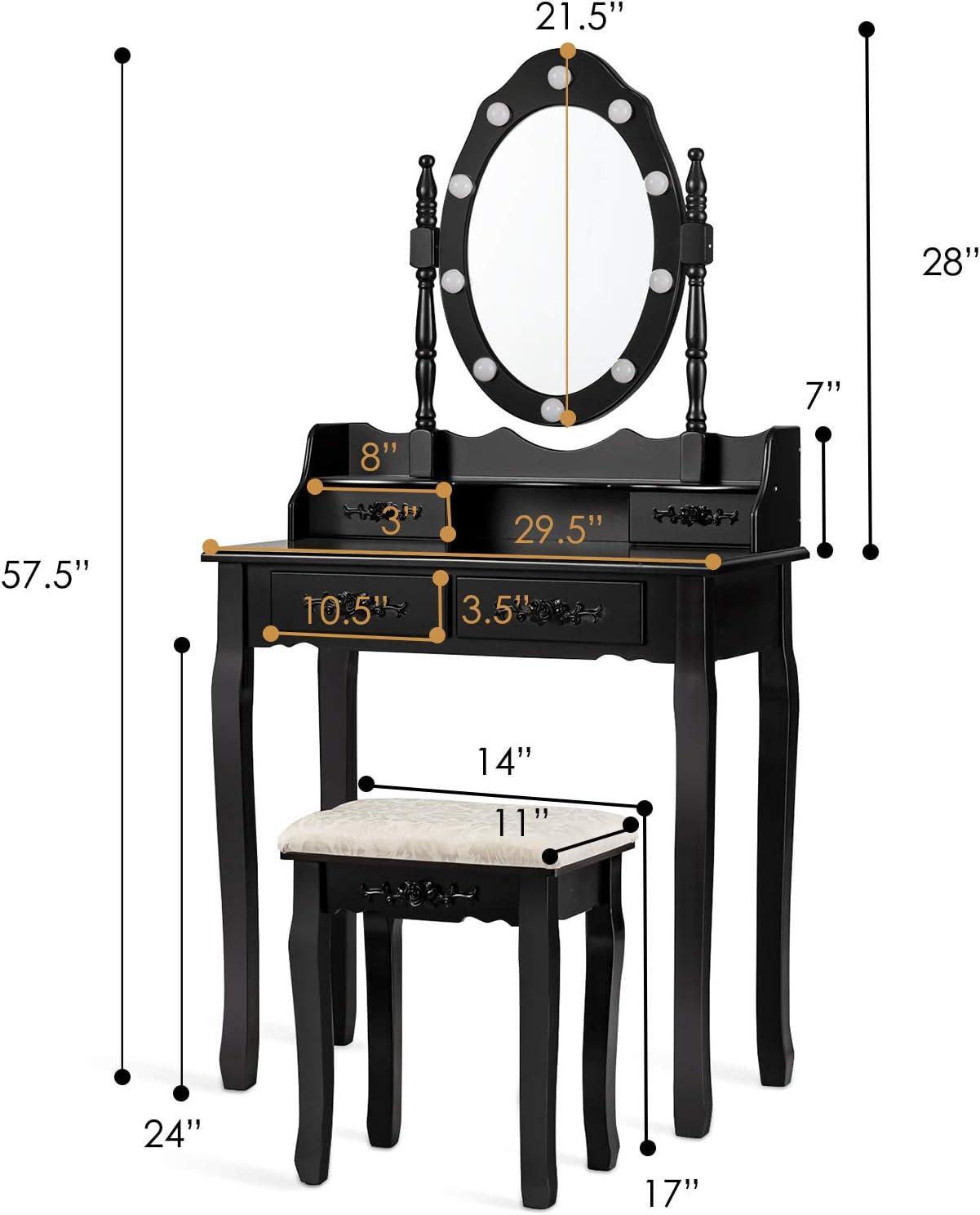 image:imageCHARMAID LED Vanity Desk with Lighted Mirror 10 Dimming Bulbs 5 Drawers 3 Storage Organizers Makeup Vanity Desk with Stool Bedroom Dressing Table Gift for Girls Women WhiteBlack