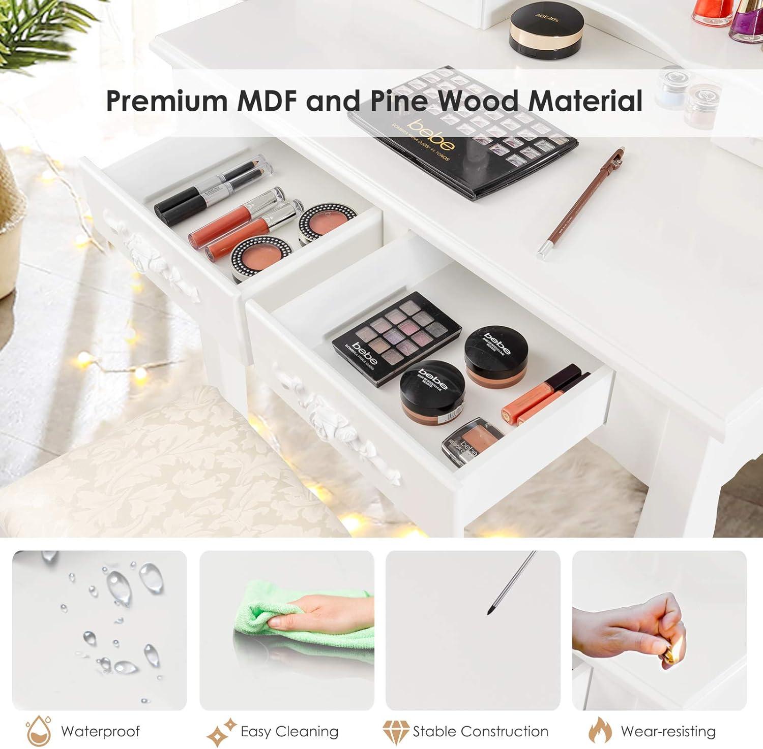 image:imageCHARMAID LED Vanity Desk with Lighted Mirror 10 Dimming Bulbs 5 Drawers 3 Storage Organizers Makeup Vanity Desk with Stool Bedroom Dressing Table Gift for Girls Women WhiteWhite