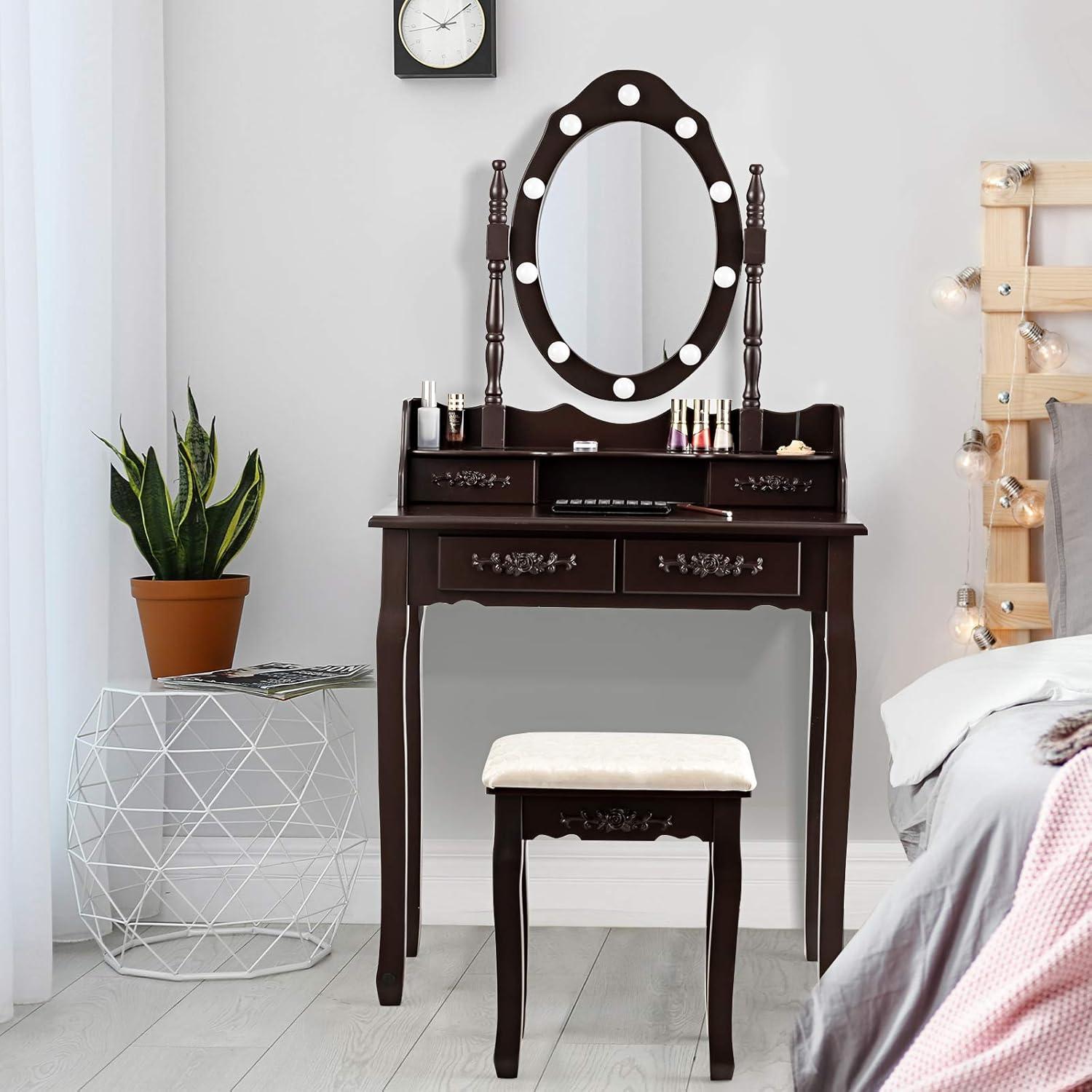 image:imageCHARMAID LED Vanity Desk with Lighted Mirror 10 Dimming Bulbs 5 Drawers 3 Storage Organizers Makeup Vanity Desk with Stool Bedroom Dressing Table Gift for Girls Women WhiteEspresso