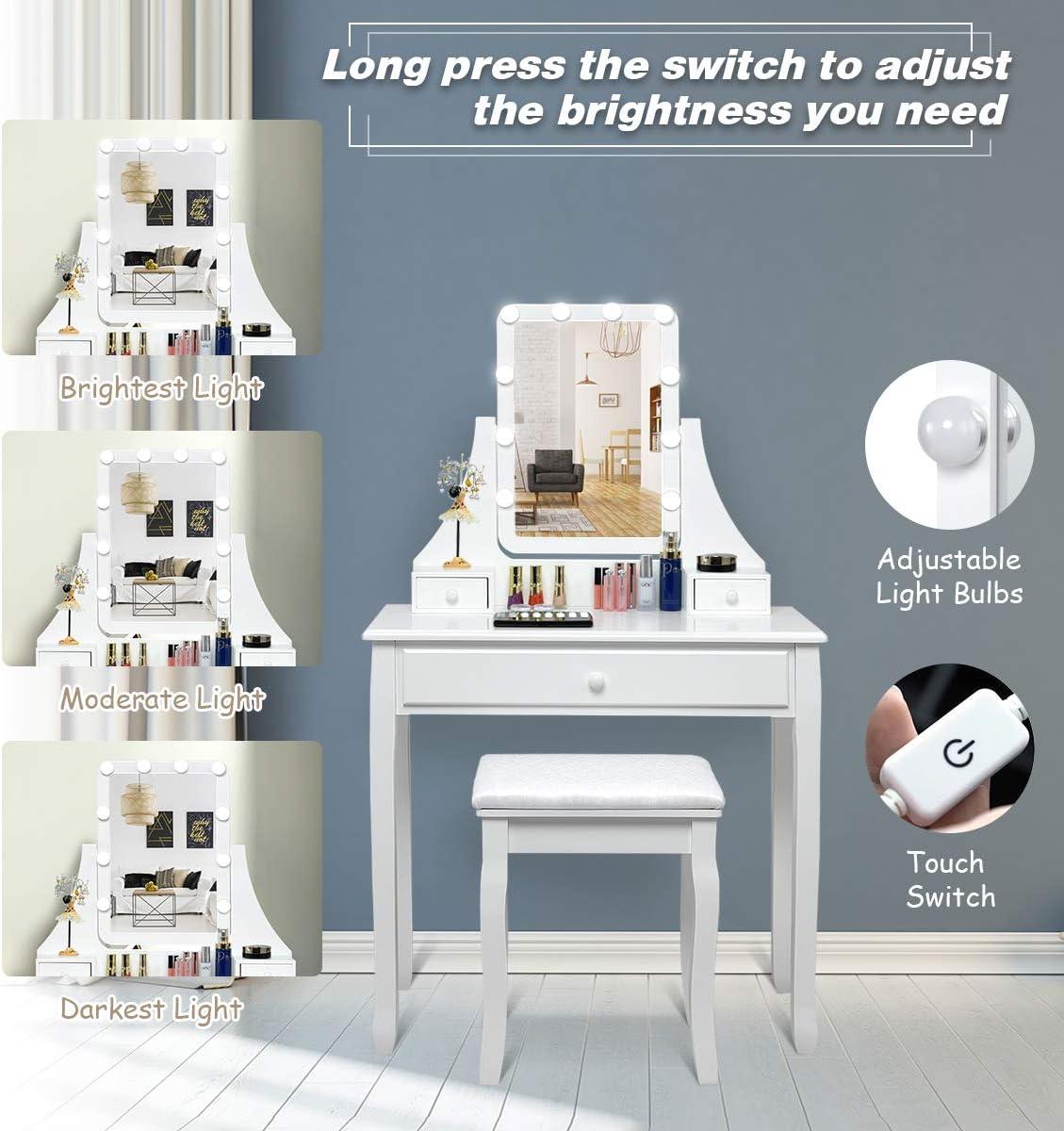 image:imageCHARMAID LED Vanity Desk with Lighted Mirror 10 Dimming Bulbs 5 Drawers 3 Storage Organizers Makeup Vanity Desk with Stool Bedroom Dressing Table Gift for Girls Women WhiteWhite