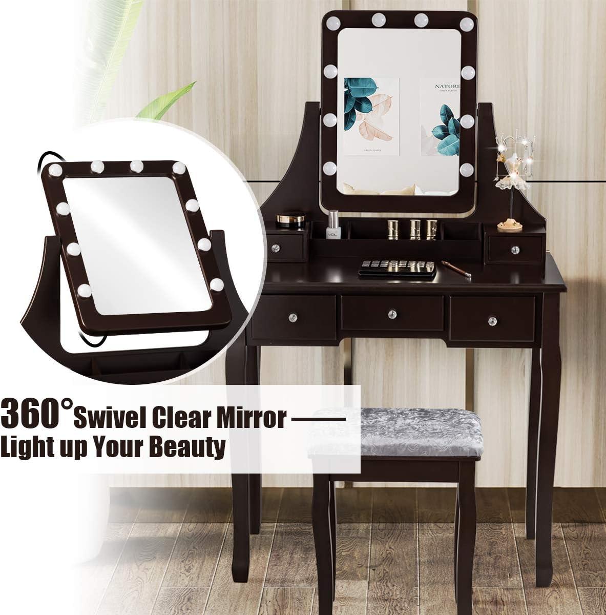 image:imageCHARMAID LED Vanity Desk with Lighted Mirror 10 Dimming Bulbs 5 Drawers 3 Storage Organizers Makeup Vanity Desk with Stool Bedroom Dressing Table Gift for Girls Women WhiteEspresso