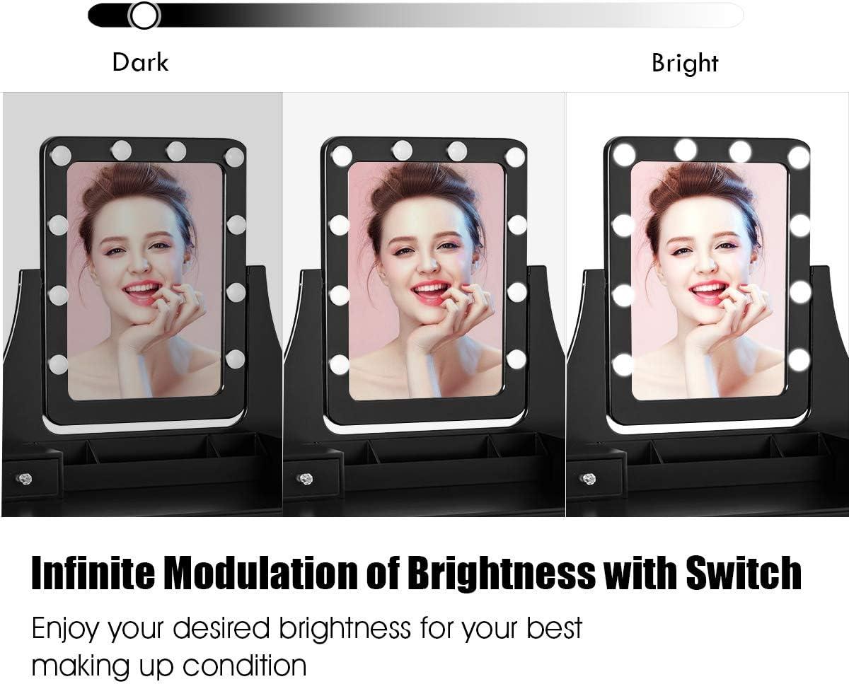 image:imageCHARMAID LED Vanity Desk with Lighted Mirror 10 Dimming Bulbs 5 Drawers 3 Storage Organizers Makeup Vanity Desk with Stool Bedroom Dressing Table Gift for Girls Women WhiteBlack
