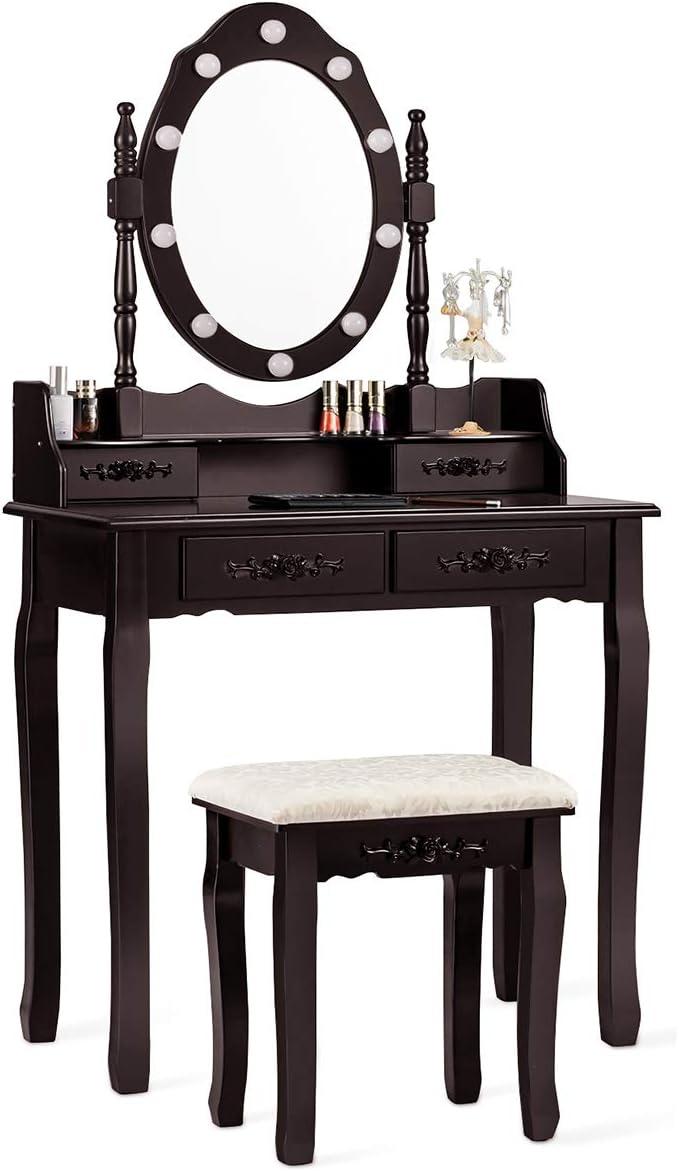 image:imageCHARMAID LED Vanity Desk with Lighted Mirror 10 Dimming Bulbs 5 Drawers 3 Storage Organizers Makeup Vanity Desk with Stool Bedroom Dressing Table Gift for Girls Women WhiteEspresso