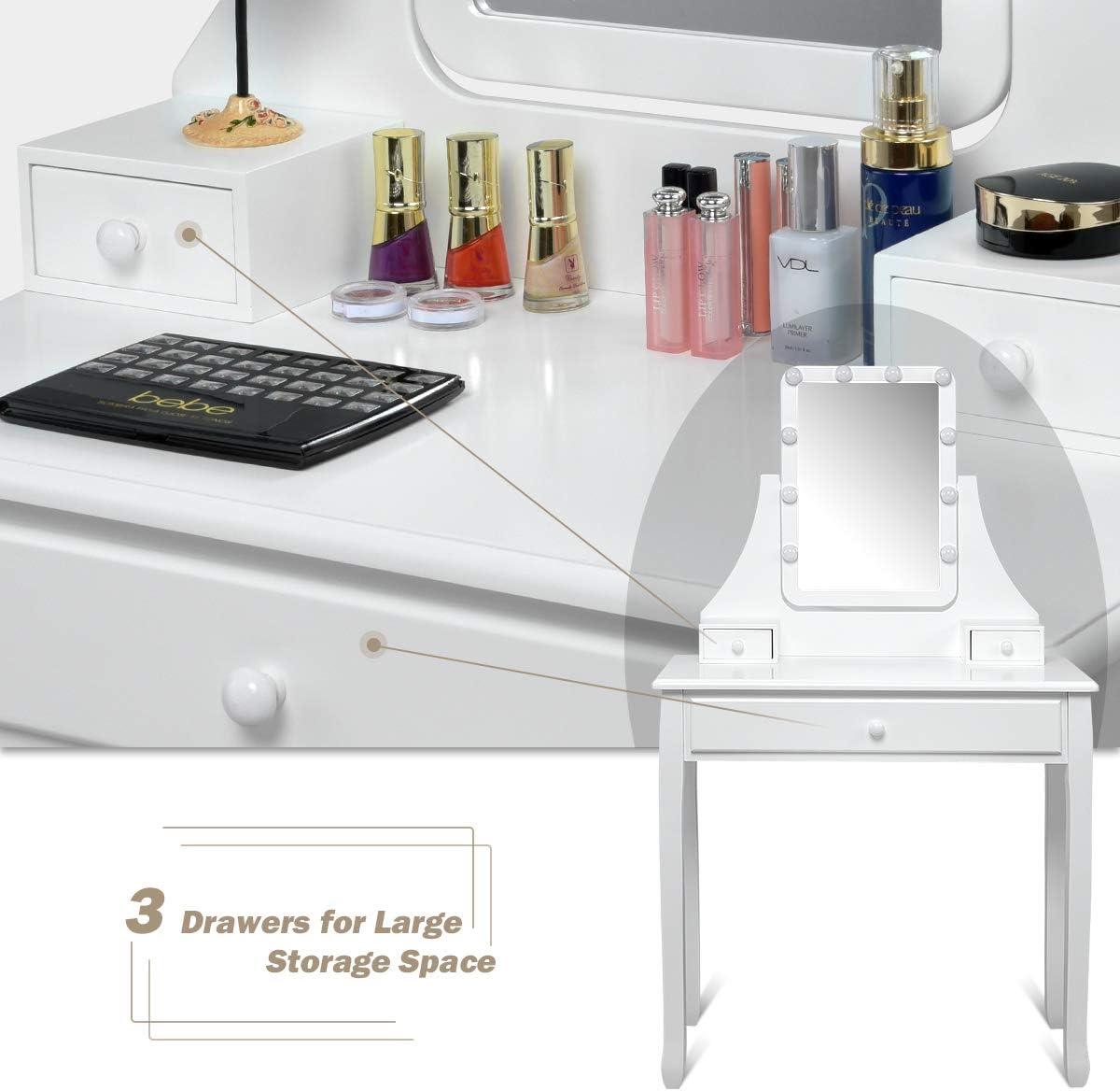image:imageCHARMAID LED Vanity Desk with Lighted Mirror 10 Dimming Bulbs 5 Drawers 3 Storage Organizers Makeup Vanity Desk with Stool Bedroom Dressing Table Gift for Girls Women WhiteWhite