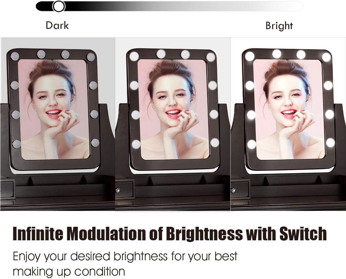 image:imageCHARMAID LED Vanity Desk with Lighted Mirror 10 Dimming Bulbs 5 Drawers 3 Storage Organizers Makeup Vanity Desk with Stool Bedroom Dressing Table Gift for Girls Women WhiteEspresso