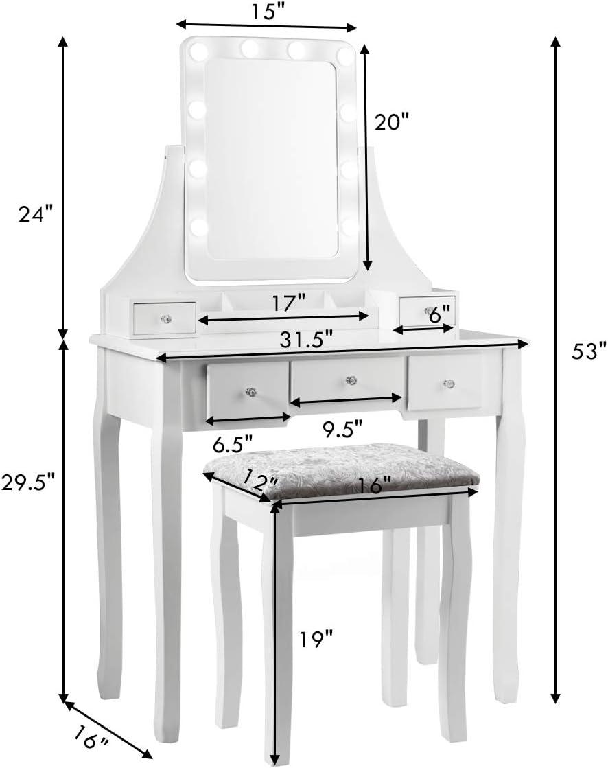 image:imageCHARMAID LED Vanity Desk with Lighted Mirror 10 Dimming Bulbs 5 Drawers 3 Storage Organizers Makeup Vanity Desk with Stool Bedroom Dressing Table Gift for Girls Women WhiteWhite