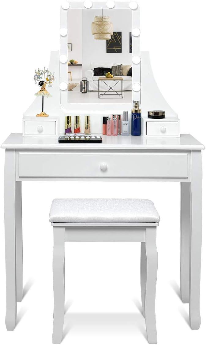 image:imageCHARMAID LED Vanity Desk with Lighted Mirror 10 Dimming Bulbs 5 Drawers 3 Storage Organizers Makeup Vanity Desk with Stool Bedroom Dressing Table Gift for Girls Women WhiteWhite