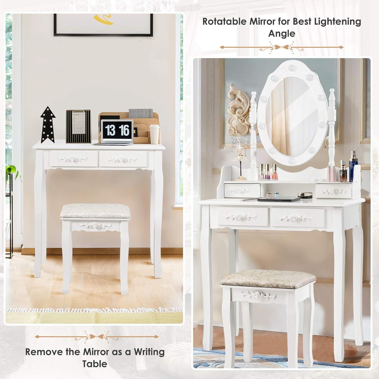 image:imageCHARMAID LED Vanity Desk with Lighted Mirror 10 Dimming Bulbs 5 Drawers 3 Storage Organizers Makeup Vanity Desk with Stool Bedroom Dressing Table Gift for Girls Women WhiteWhite