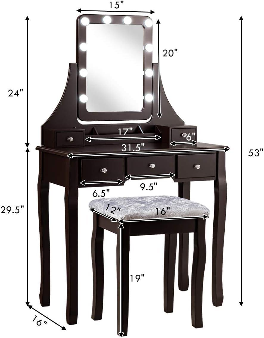 image:imageCHARMAID LED Vanity Desk with Lighted Mirror 10 Dimming Bulbs 5 Drawers 3 Storage Organizers Makeup Vanity Desk with Stool Bedroom Dressing Table Gift for Girls Women WhiteEspresso