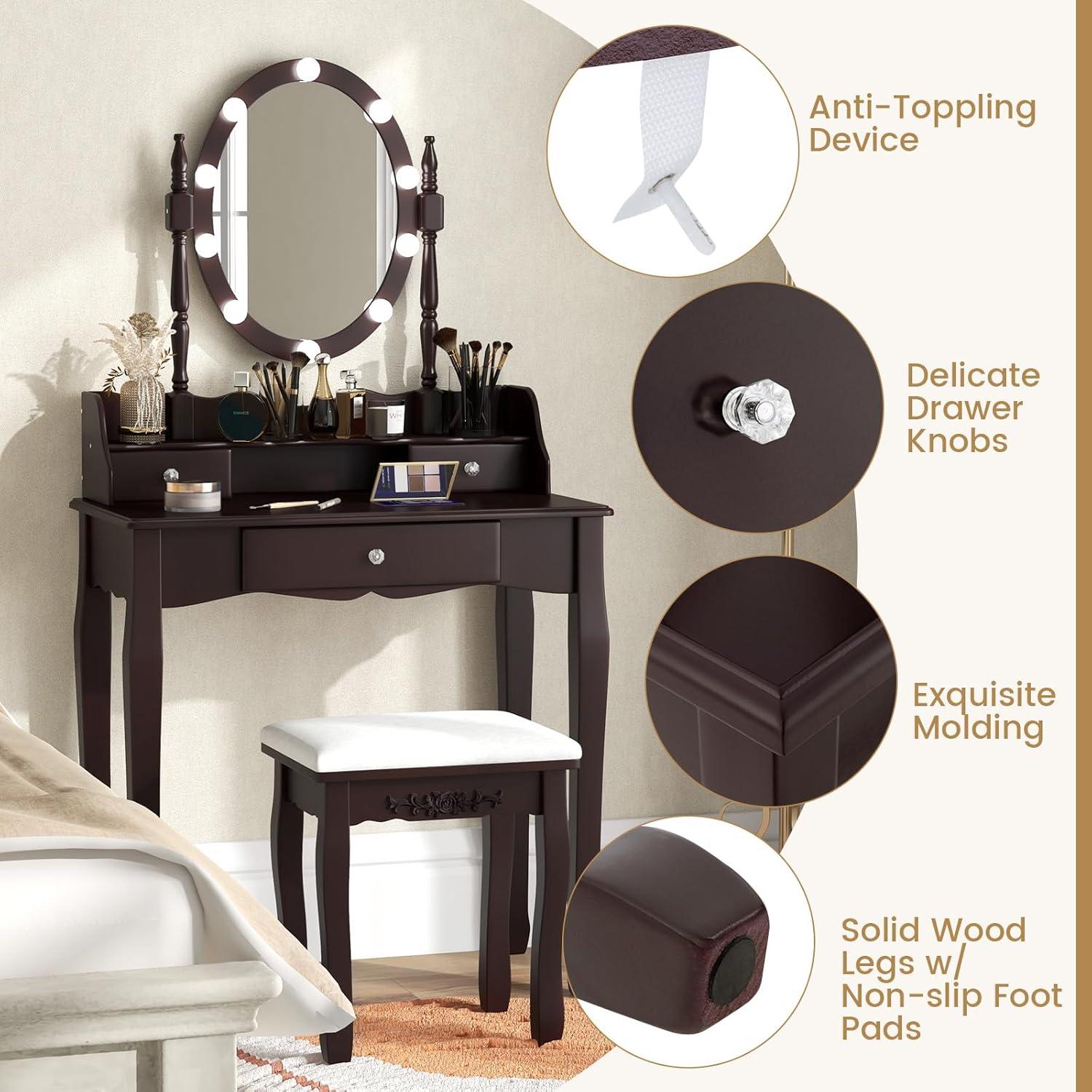 image:imageCHARMAID LED Vanity Desk with Lighted Mirror 10 Dimming Bulbs 5 Drawers 3 Storage Organizers Makeup Vanity Desk with Stool Bedroom Dressing Table Gift for Girls Women WhiteEspresso
