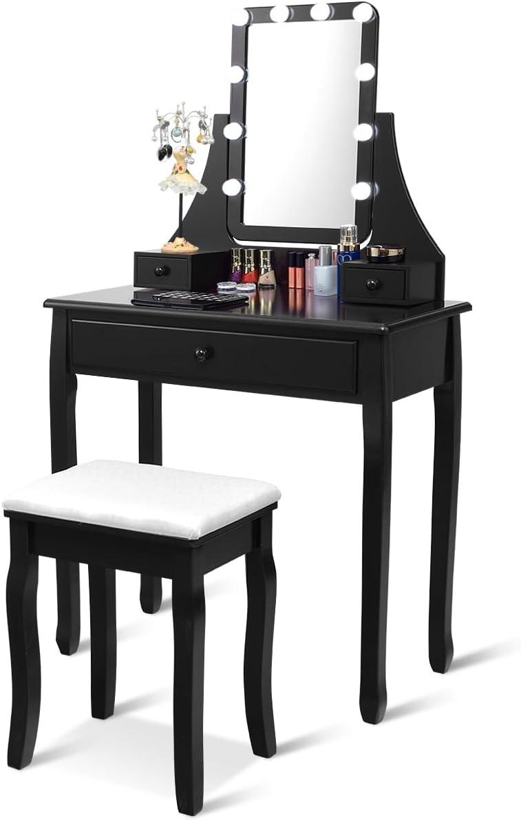 image:imageCHARMAID LED Vanity Desk with Lighted Mirror 10 Dimming Bulbs 5 Drawers 3 Storage Organizers Makeup Vanity Desk with Stool Bedroom Dressing Table Gift for Girls Women WhiteBlack