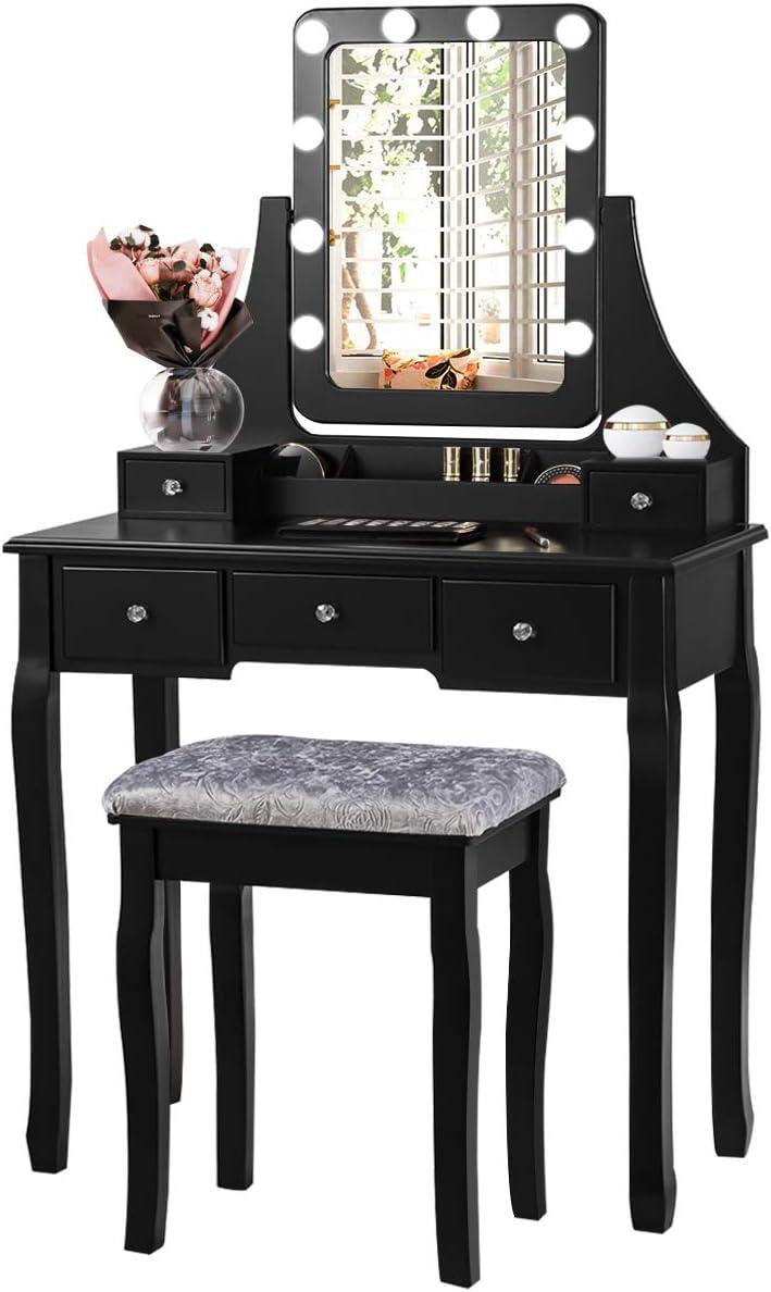image:imageCHARMAID LED Vanity Desk with Lighted Mirror 10 Dimming Bulbs 5 Drawers 3 Storage Organizers Makeup Vanity Desk with Stool Bedroom Dressing Table Gift for Girls Women WhiteBlack