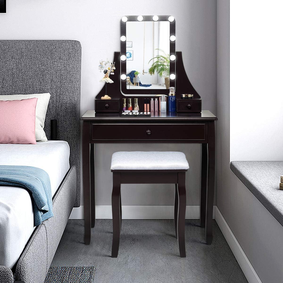 image:imageCHARMAID LED Vanity Desk with Lighted Mirror 10 Dimming Bulbs 5 Drawers 3 Storage Organizers Makeup Vanity Desk with Stool Bedroom Dressing Table Gift for Girls Women WhiteEspresso