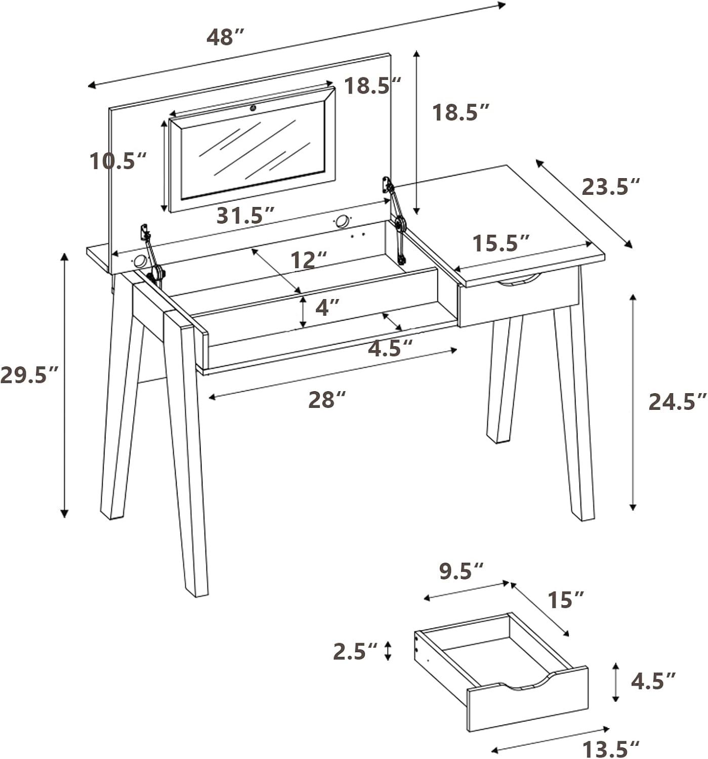 image:imageCHARMAID Large Vanity Table with Flip Top Mirror 48 Home Office Computer Desk Open Storage Cubby and Drawer Modern Wood Writing Makeup Dressing Table Easy Assembly Espresso