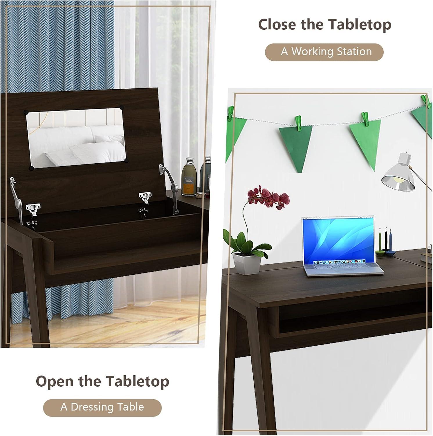 image:imageCHARMAID Large Vanity Table with Flip Top Mirror 48 Home Office Computer Desk Open Storage Cubby and Drawer Modern Wood Writing Makeup Dressing Table Easy Assembly Espresso